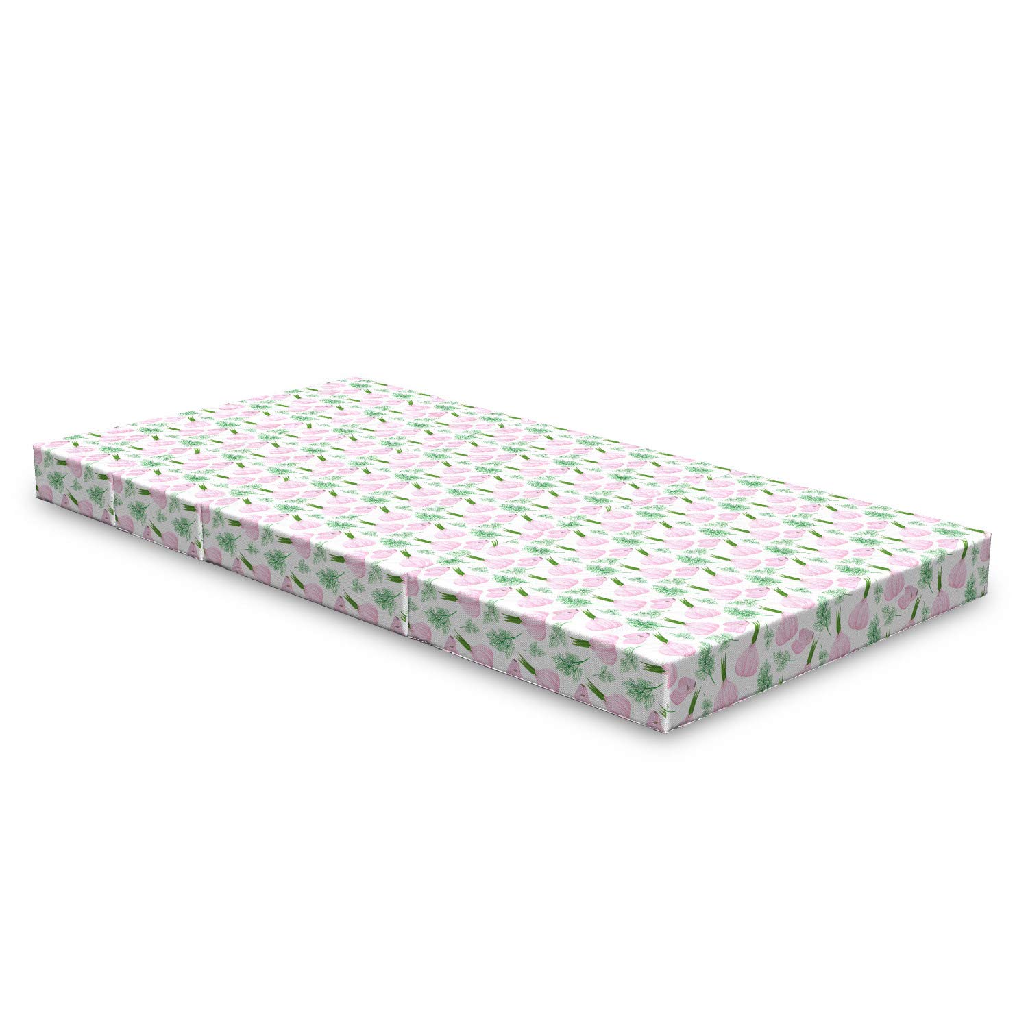 Ambesonne Foldable Mattress with Garlic & Vegetable Art Print - 74.8 x 39.4 Inches - Fern Green & Pale Mauve - Lightweight Portable Guest Bed for Home, Camping & Travel