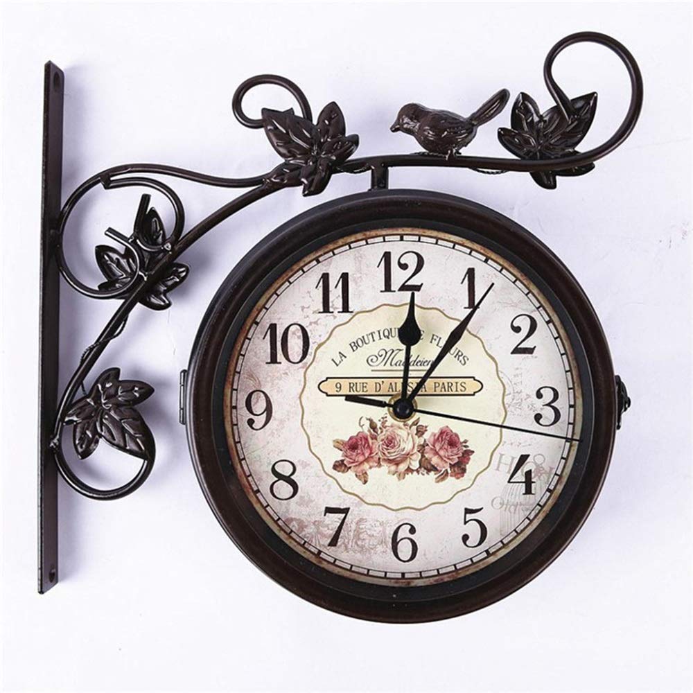 Wrought Iron Wall Clock - Outdoor Garden Bird Double Sided Silent Roman Numerals Clock - Elegant Home & Patio Decor for Living Room, Bedroom, or Garden