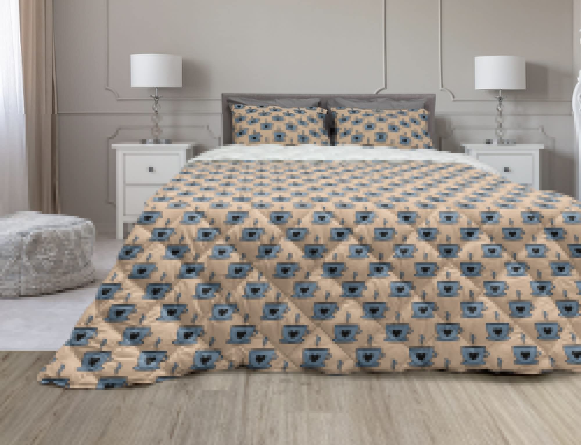 Ambesonne Coffee Themed Comforter Set - 3 Piece Queen Size Duvet Cover with Heart & Steam Motifs, Microfiber Filling, Blue Grey Dark Taupe - Perfect for Bedroom Decor & Cozy Winter Nights