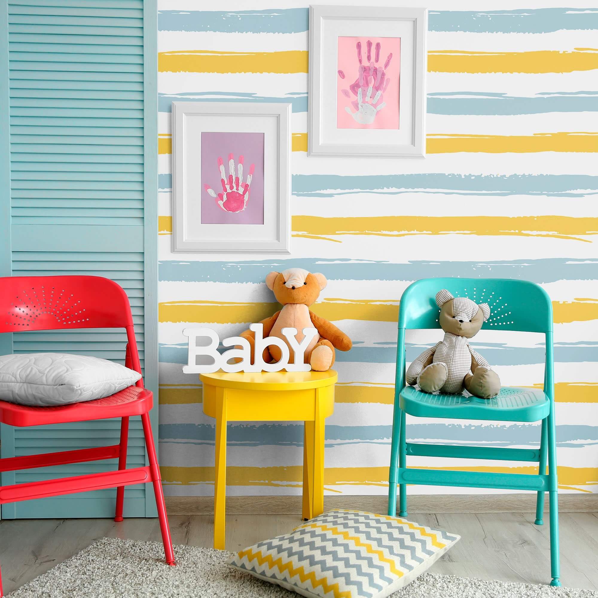 Blue and Yellow Striped Peel and Stick Removable Wallpaper - Self-Adhesive Decorative Wall Covering for Bedroom, Nursery, Living Room & Office Decor