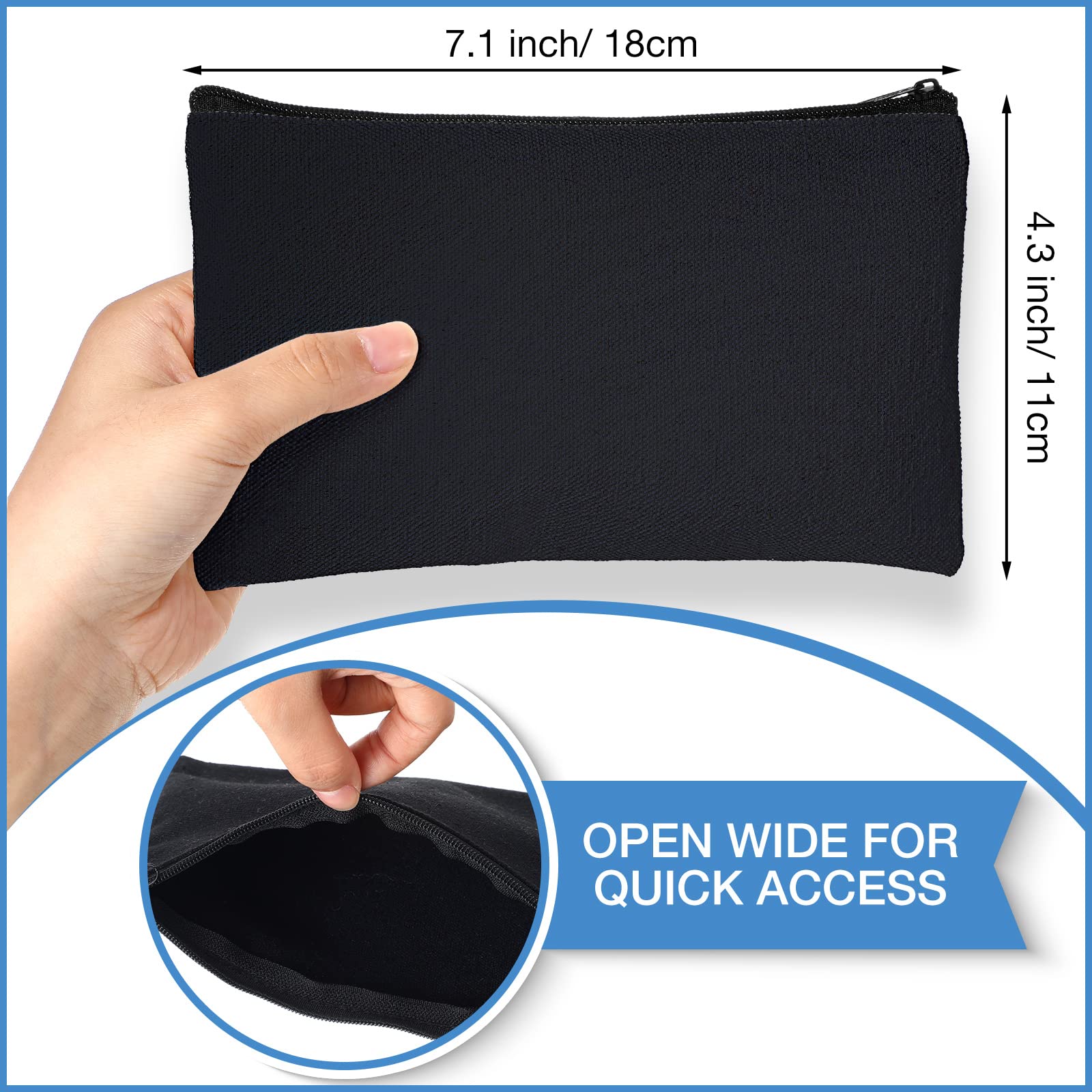 Reginary 80 Pack Blank DIY Canvas Zipper Makeup Bags Bulk - All Black Cosmetic Pouch for Makeup, Toiletries, Stationery & Craft Storage | Perfect for Travel, School, Salon & Gift Giving