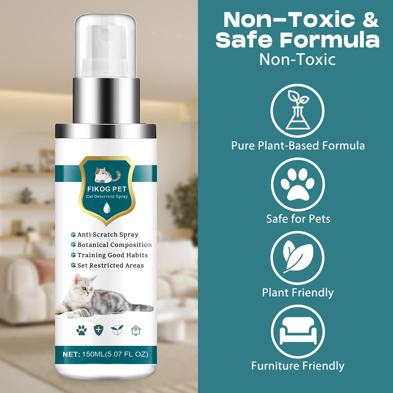 Natural Cat Repellent Spray - Indoor & Outdoor Cat Deterrent for Furniture Protection | Effective Training Aid to Stop Scratching on Sofas, Rugs, Curtains | Safe for Kittens & Cats | Perfect for Home, Garden & Pet Training