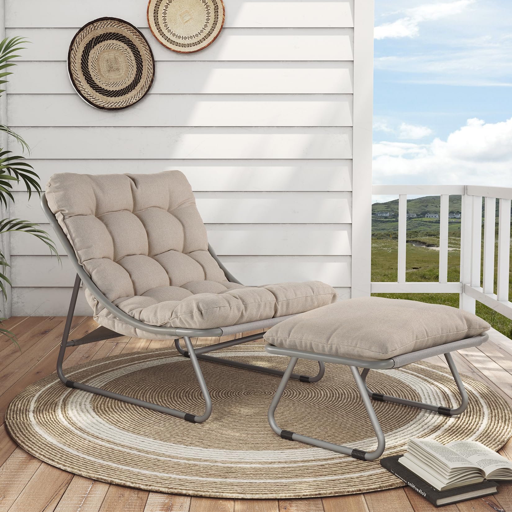 Premium Outdoor Lounge Chair Set with Foot Stool - Comfortable Sling Recliner with Plush Cushion & Adjustable Footrest - Modern Patio Furniture for Porch, Deck, Garden, Poolside - Champagne Gray - Perfect for Relaxing, Sunbathing & Outdoor Entertaining