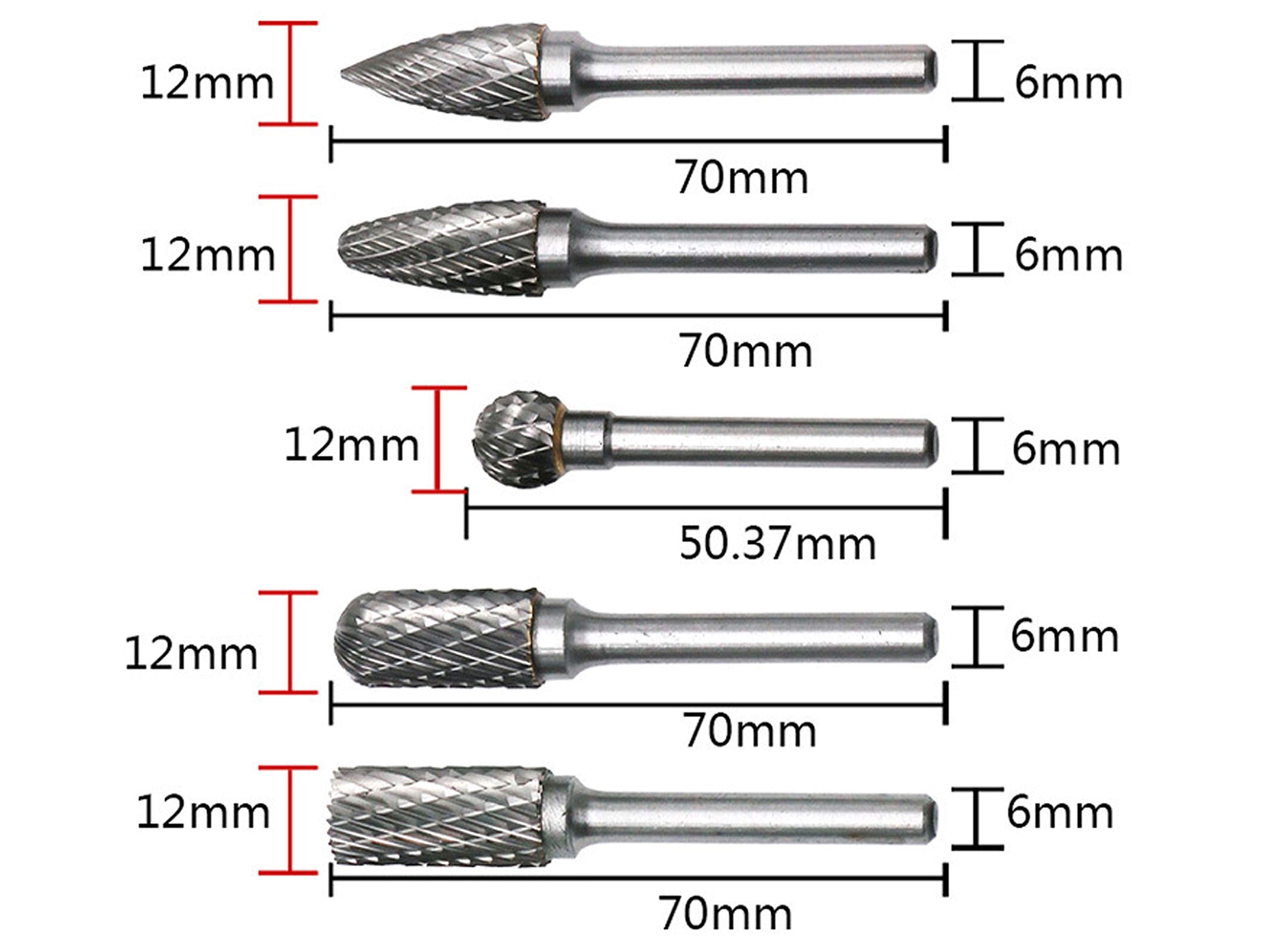 5-Piece Tungsten Carbide Rotary Burr Set - 6X12MM Double Cut Head for Drilling, Polishing, Carving & Engraving - Compatible with Rotary Drills & Die Grinders - Ideal for Metalworking, Woodworking & DIY Projects