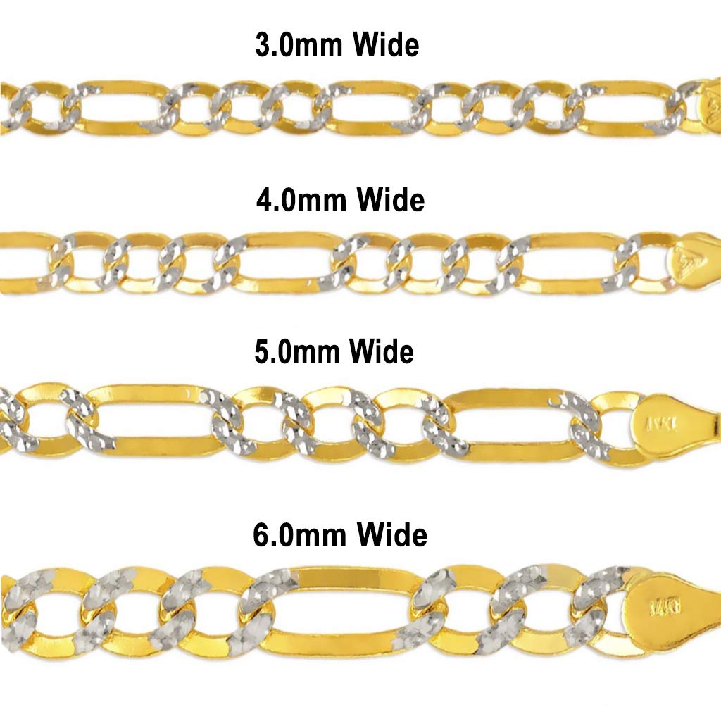 14K Gold Figaro Chain Necklace - Italian Ultralight White Pave Link Jewelry for Women & Men - Strong Shiny Flawless Gift (16-26 Inch Length, 3.0-9.0mm Width) - Perfect for Everyday Wear, Special Occasions & Gifting