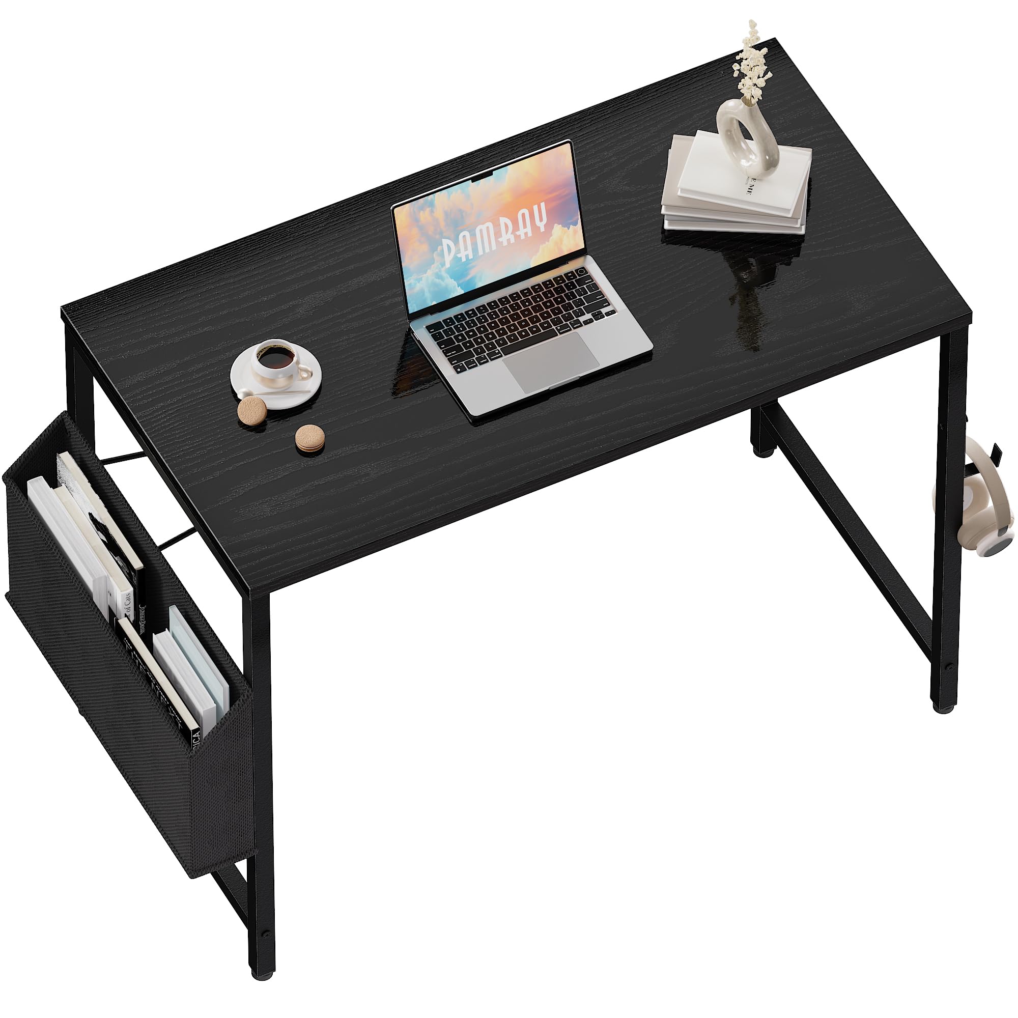 Pamray 32 Inch Small Space Computer Desk with Storage Bag & Headphone Hook - Compact Home Office Desk for Study, Writing & Work - Perfect for Apartments, Dorms & Small Spaces
