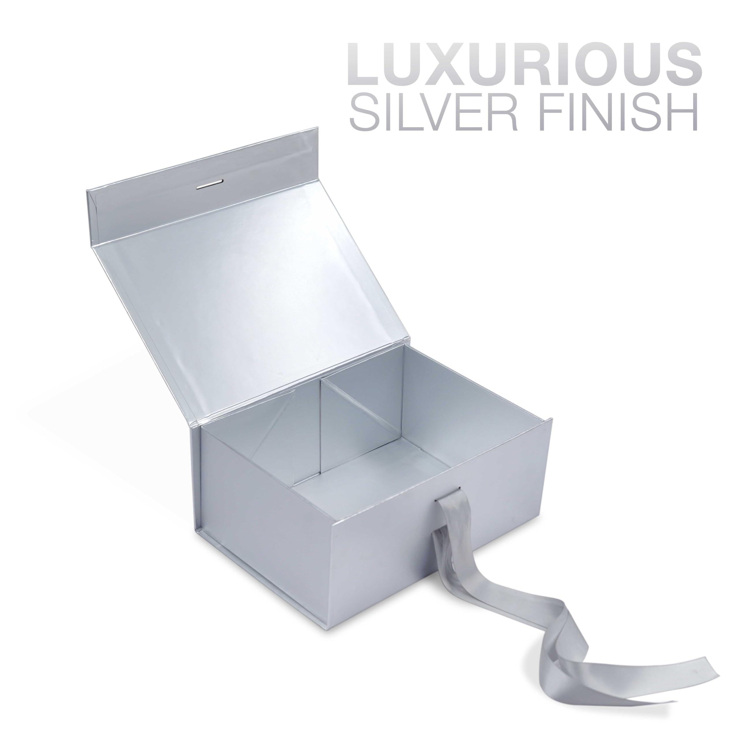 Premium Matte Silver Luxury Gift Box - 23x16x10cm Rigid Foldable Packaging Box with Matching Ribbon for Jewelry, Watches & Luxury Gifts | Holds up to 5kg | Elegant Wedding, Anniversary & Corporate Gift Packaging Solution