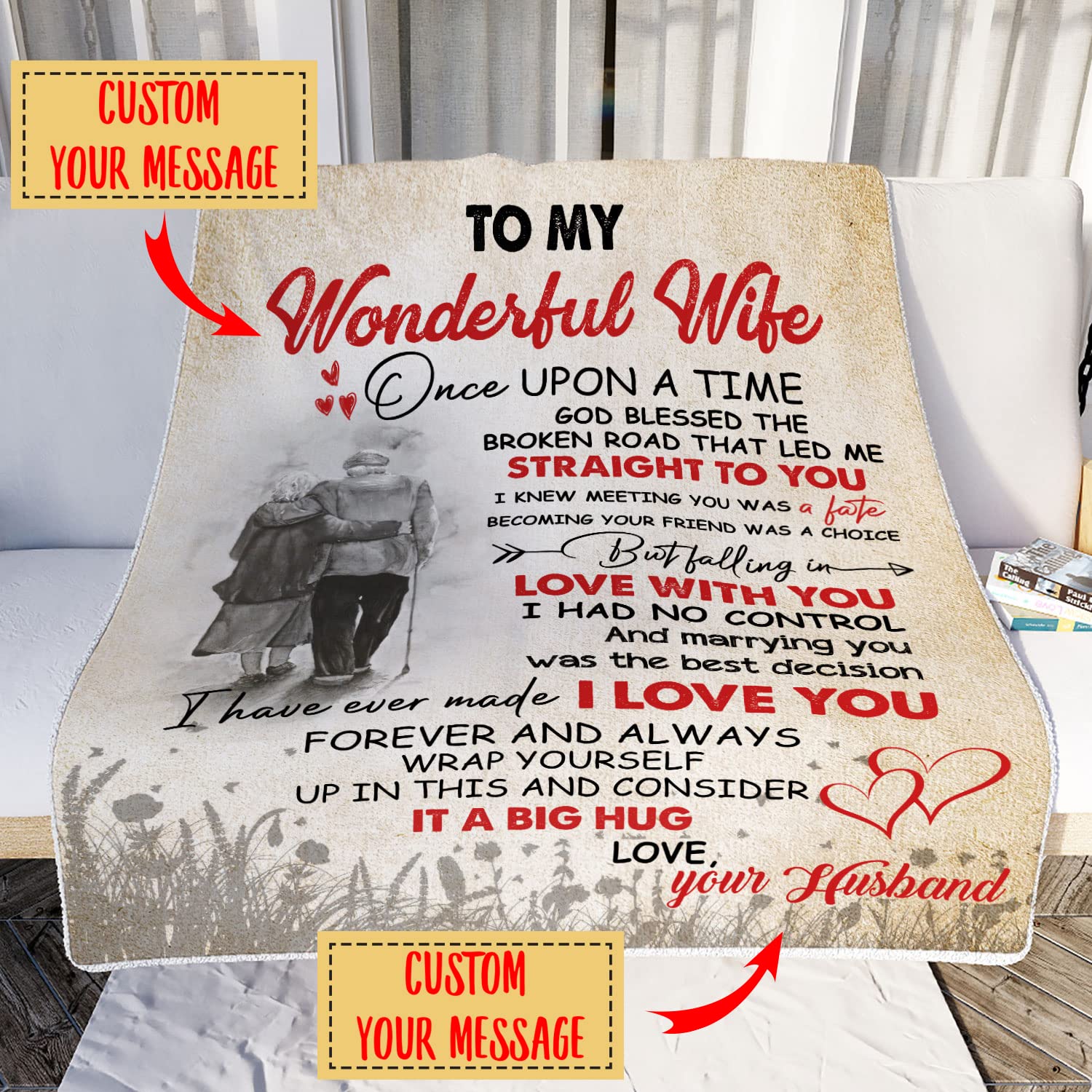 Personalized 'To My Wonderful Wife' Custom Throw Blanket - Romantic Love Letter Design with Custom Name - Perfect Anniversary, Valentine's Day & Wedding Gift for Her - Cozy Gift Idea for Couples, Bedroom Decor & Romantic Surprises