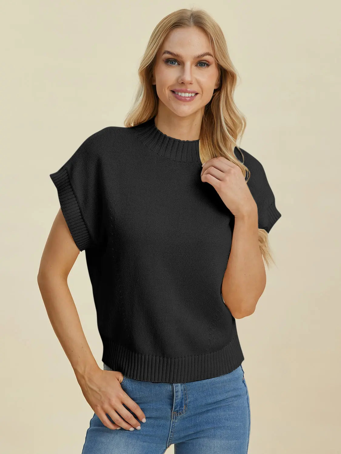 Double Take Full Size Mock Neck Short Sleeve Sweater for Women - Soft Knit Pullover Top for Casual Wear & Office Outfits | Perfect for Fall & Winter Layering