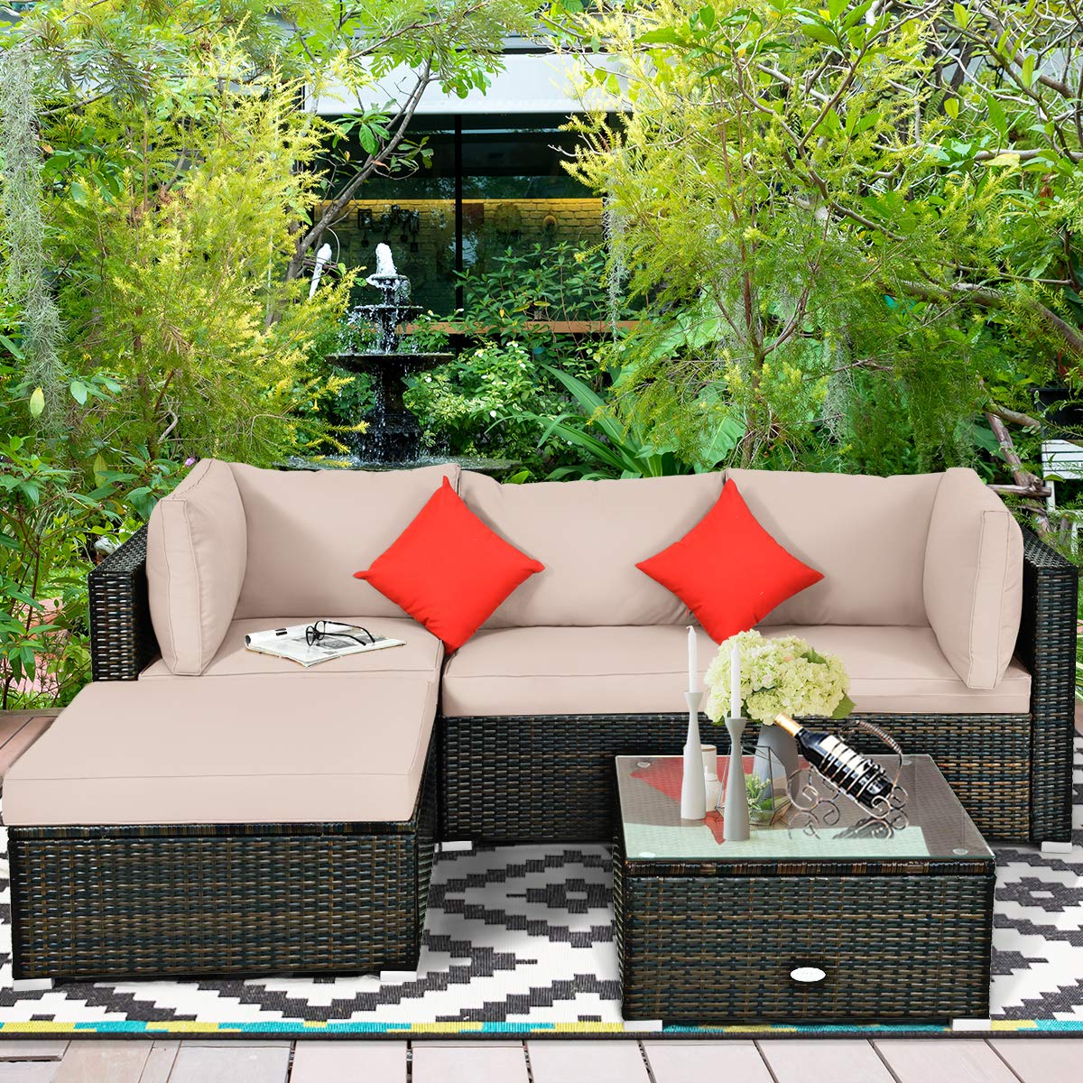 **HAPPYGRILL 5-Piece Patio Conversation Set - Outdoor Rattan Wicker Furniture with Sectional Sofa, Ottoman, Coffee Table, Cushions & Pillows - Perfect for Garden, Lawn, Balcony, Backyard & Poolside Relaxation**