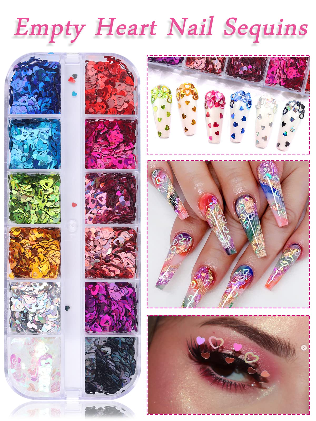 Holographic Heart Shaped Nail Glitter Sequins - Valentines Day Nail Art Decorations for Acrylic Nails, Face & Body Makeup - Perfect for Parties, Weddings, and Special Occasions