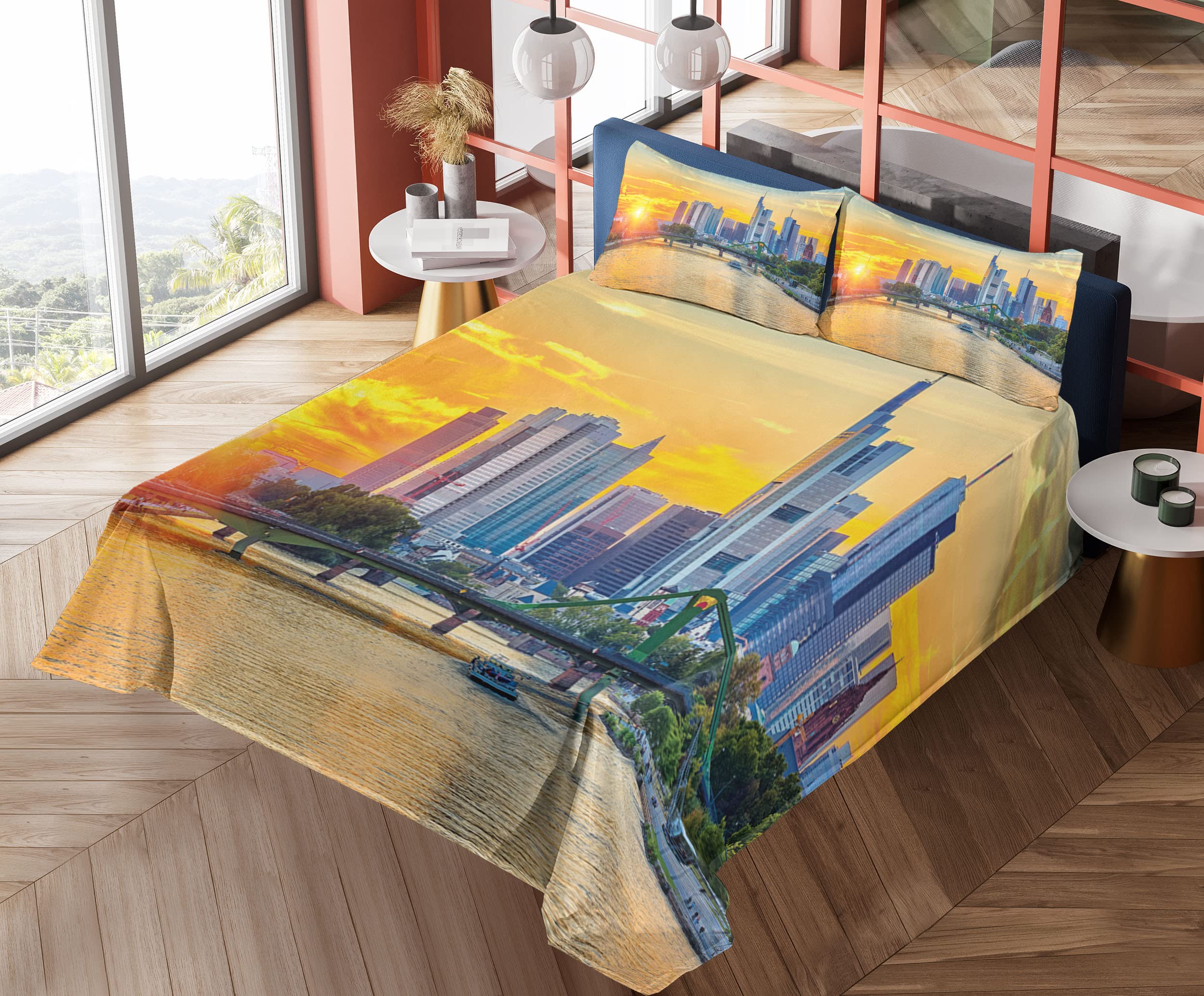 Ambesonne Scenery Sheet Set - Frankfurt Sunset Architecture Landmark Skyscraper Vibrant Colors Waterfront - 4 Piece King Size Bedding Set with Fitted Sheet, Flat Sheet & Pillowcases - Marigold & Blue - Perfect for Modern Bedrooms, Guest Rooms & Vacation Homes