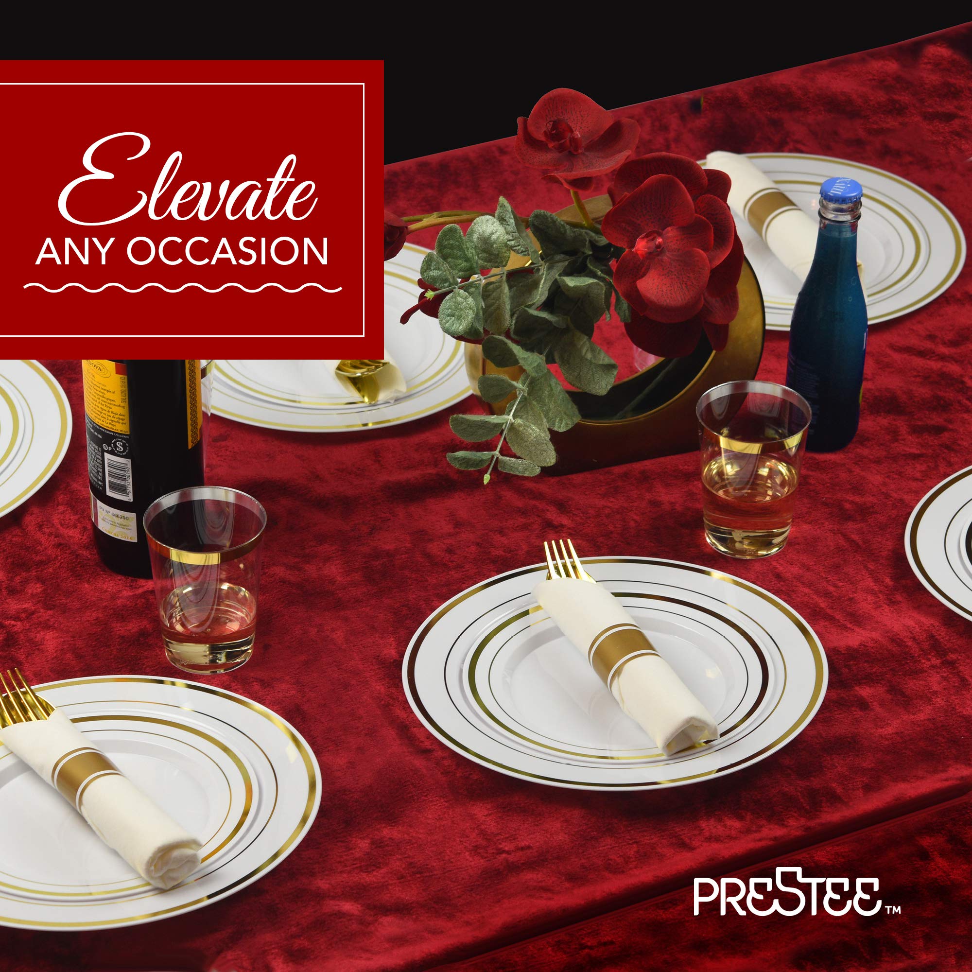 Prestee 200-Piece Gold Disposable Plates Set - 100 Dinner Plates & 100 Salad Plates, White with Gold Rim - Heavy Duty Plastic Party Plates for Wedding, Holiday, Birthday, Appetizer & Dessert - Perfect for Elegant Events, Catering & Home Entertaining