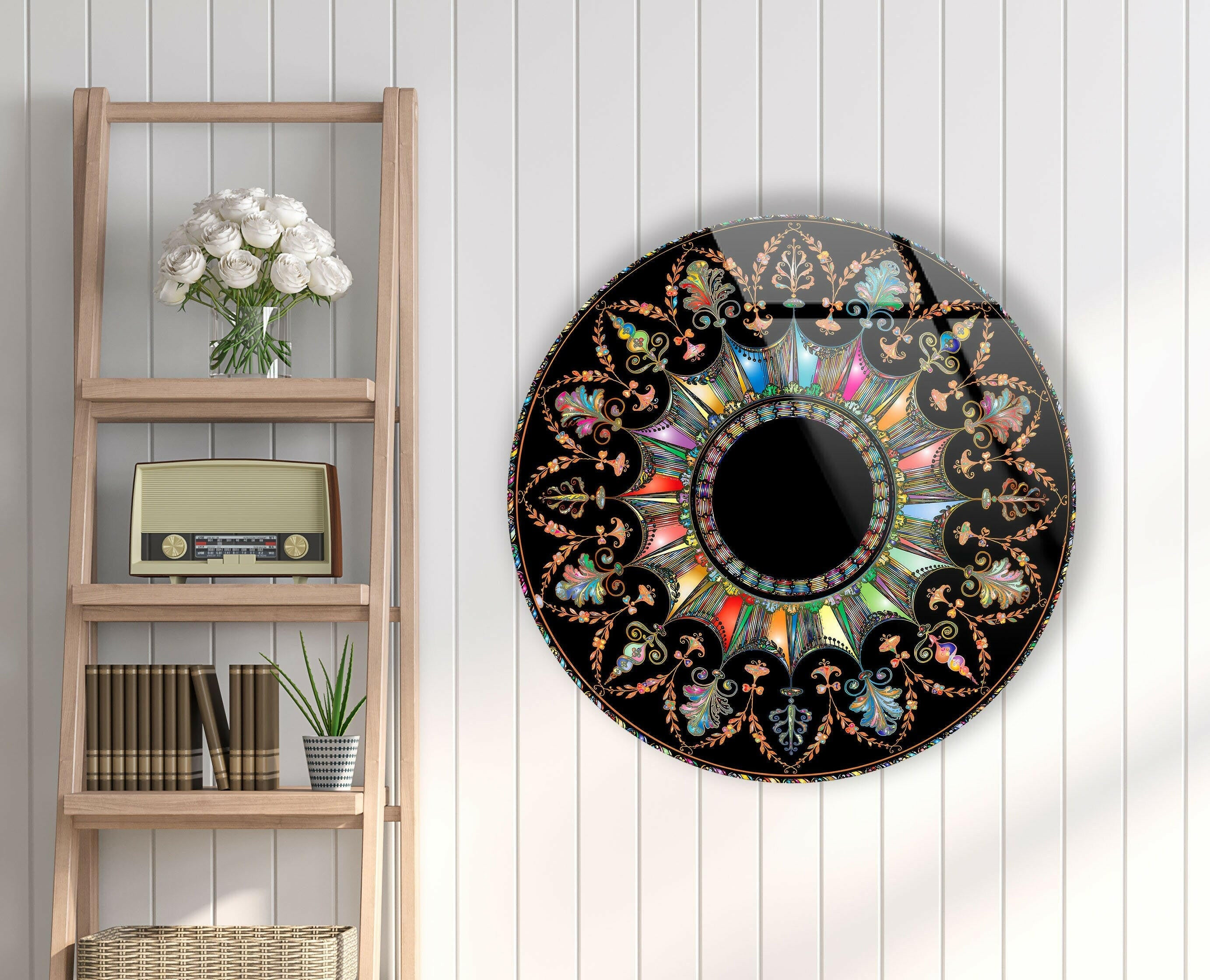Black Mandala Round Glass Wall Art - Handmade Bohemian Decor for Living Room, Bedroom & Meditation Space