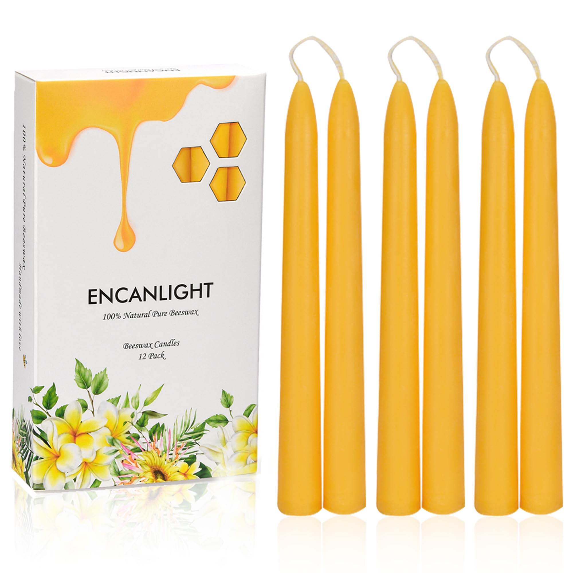 Natural Beeswax Taper Candles 12-Pack - 8 Inch Unscented, Smokeless & Dripless Long-Lasting Candles (8-Hour Burn Time) for Home Decor, Romantic Dinners, Wedding Centerpieces & Holiday Celebrations