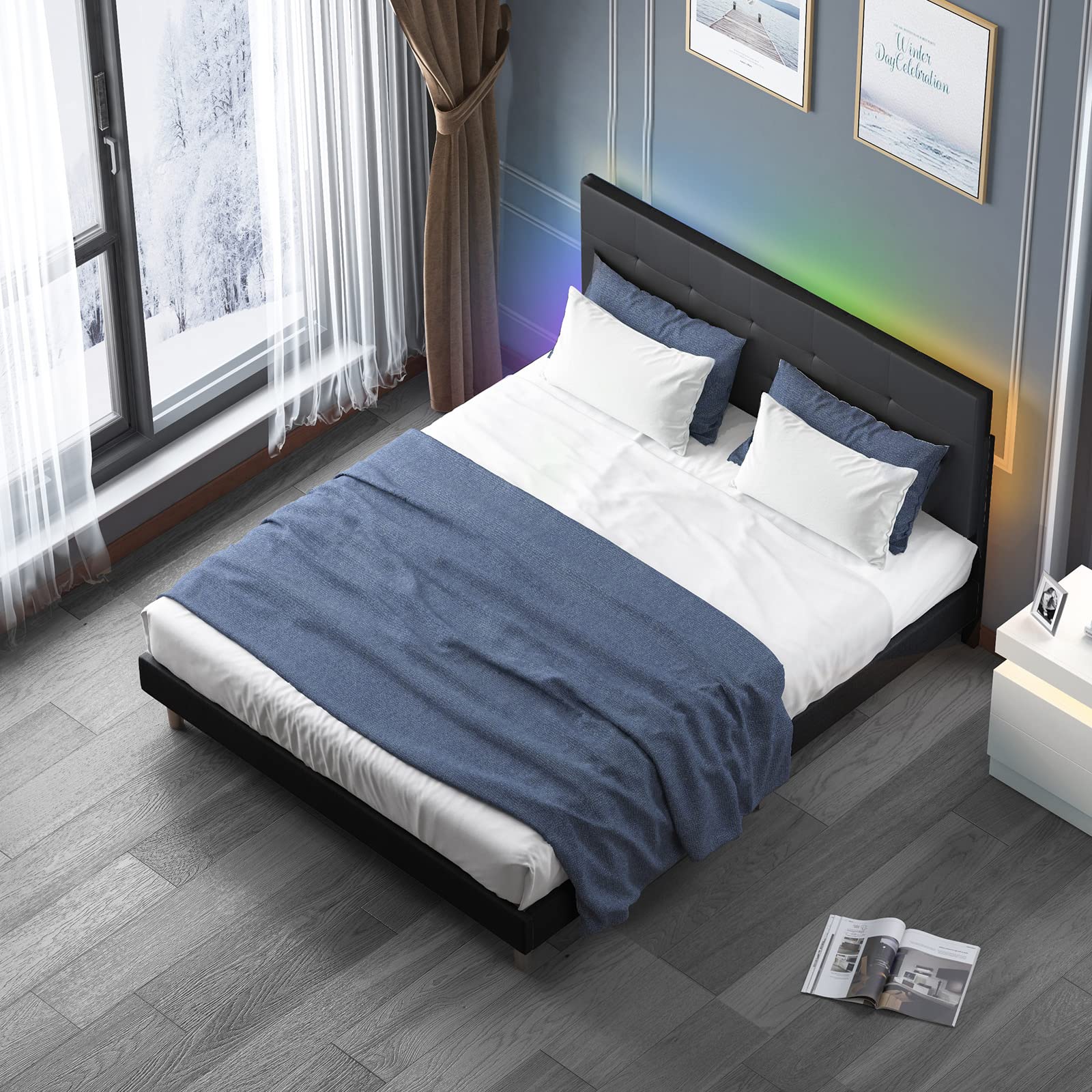Queen Size Bed Frame with Smart RGB LED Lights & Adjustable Headboard - Button Tufted Linen Fabric Upholstered Platform Bed, No Box Spring Needed (Black) - Perfect for Modern Bedrooms, Gaming Rooms & LED Lighting Enthusiasts