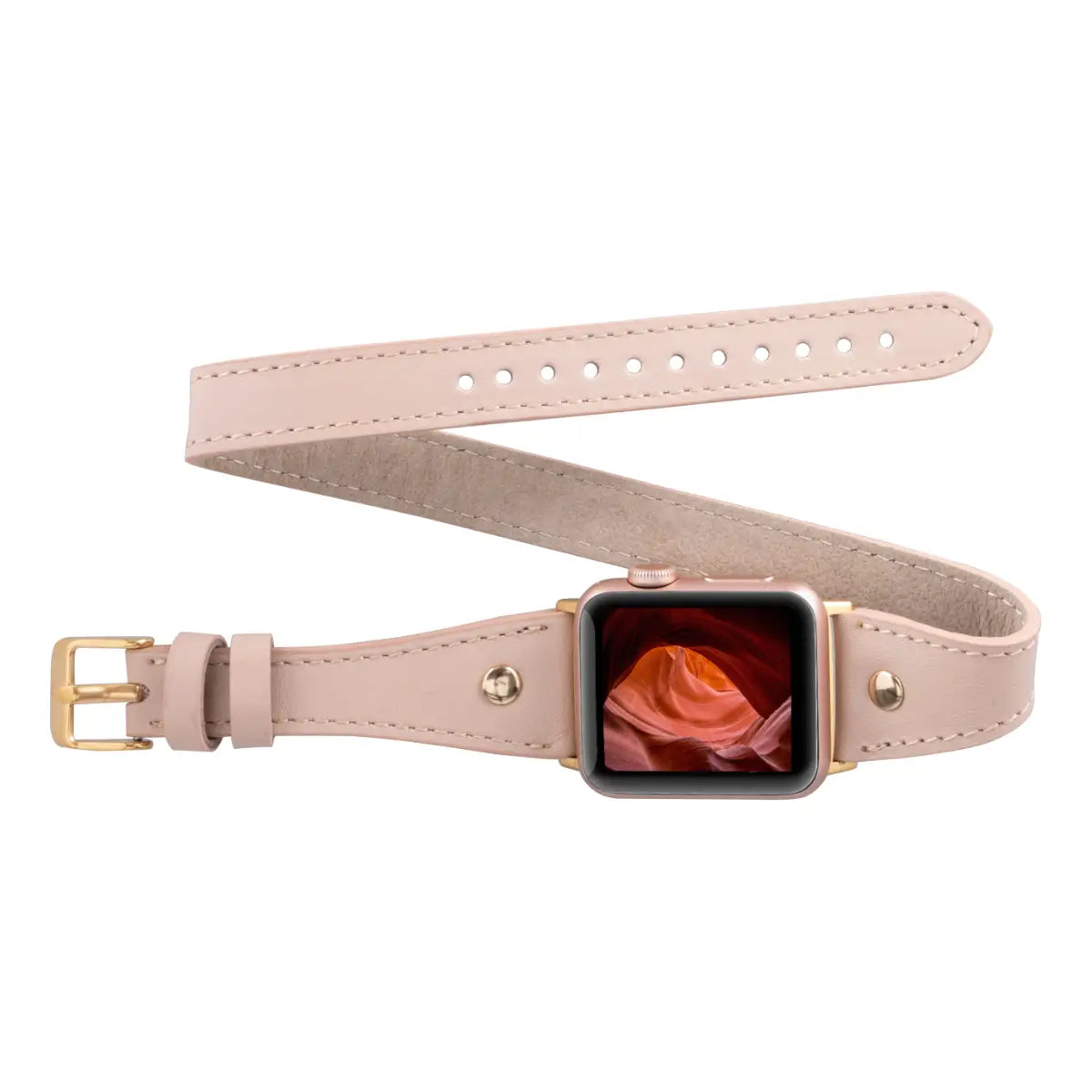 Elegant Nude Leather Double Tour Slim Apple Watch Band with Gold Rivet - Perfect for Work, Casual & Formal Occasions