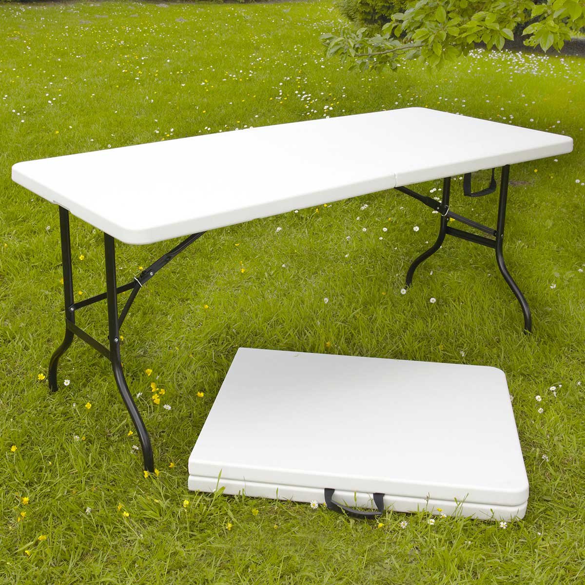 180cm Portable Folding Table for Camping, Picnic, Party & Catering - Stainless Steel Frame with White/Black Top (180x75x74cm) - Perfect for Outdoor Events, Home Use & Commercial Settings