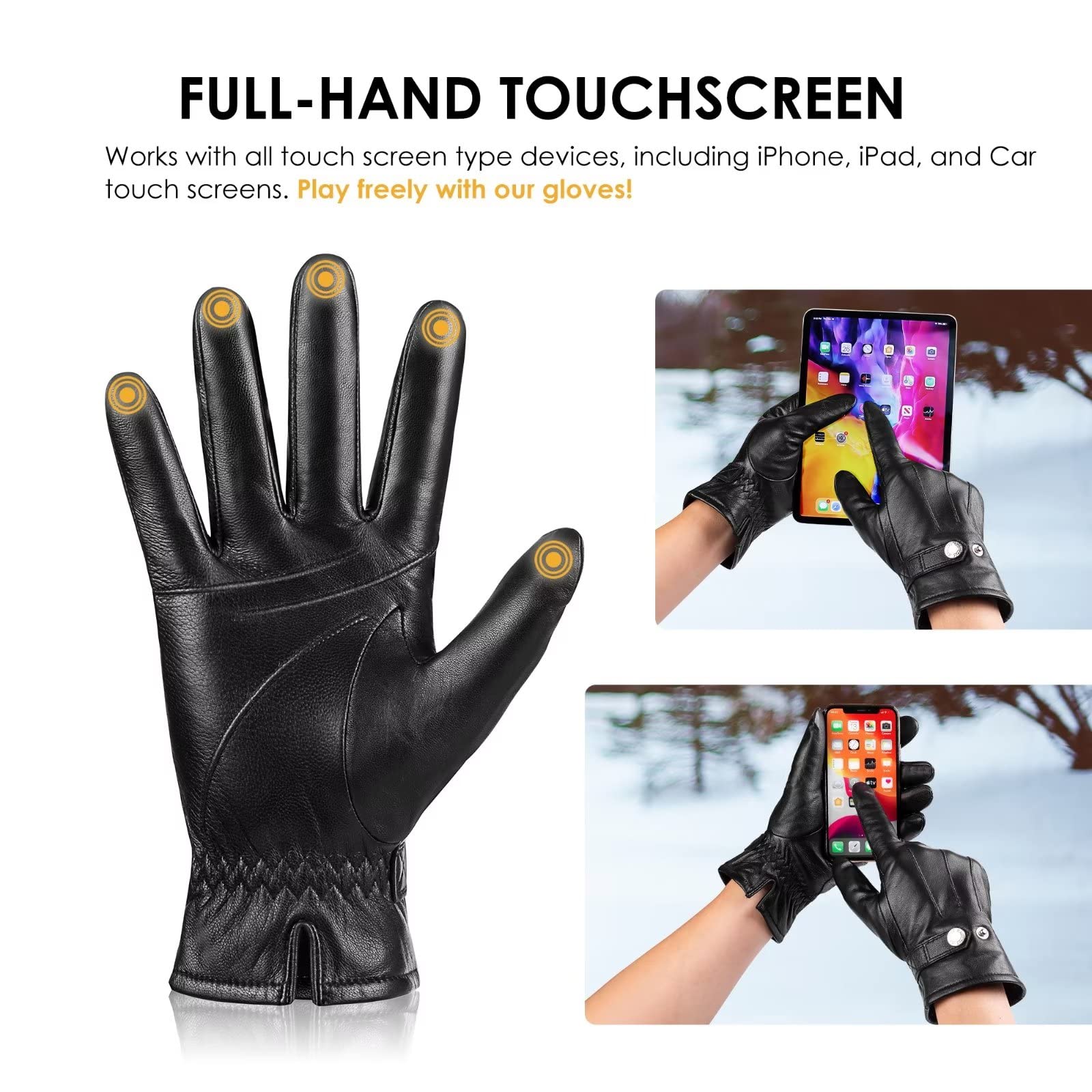 **Genuine Sheepskin Leather Gloves for Men – Winter Warm Touchscreen Gloves with Thinsulate Lining – Driving & Motorcycle Gloves for Cold Weather & Outdoor Activities**