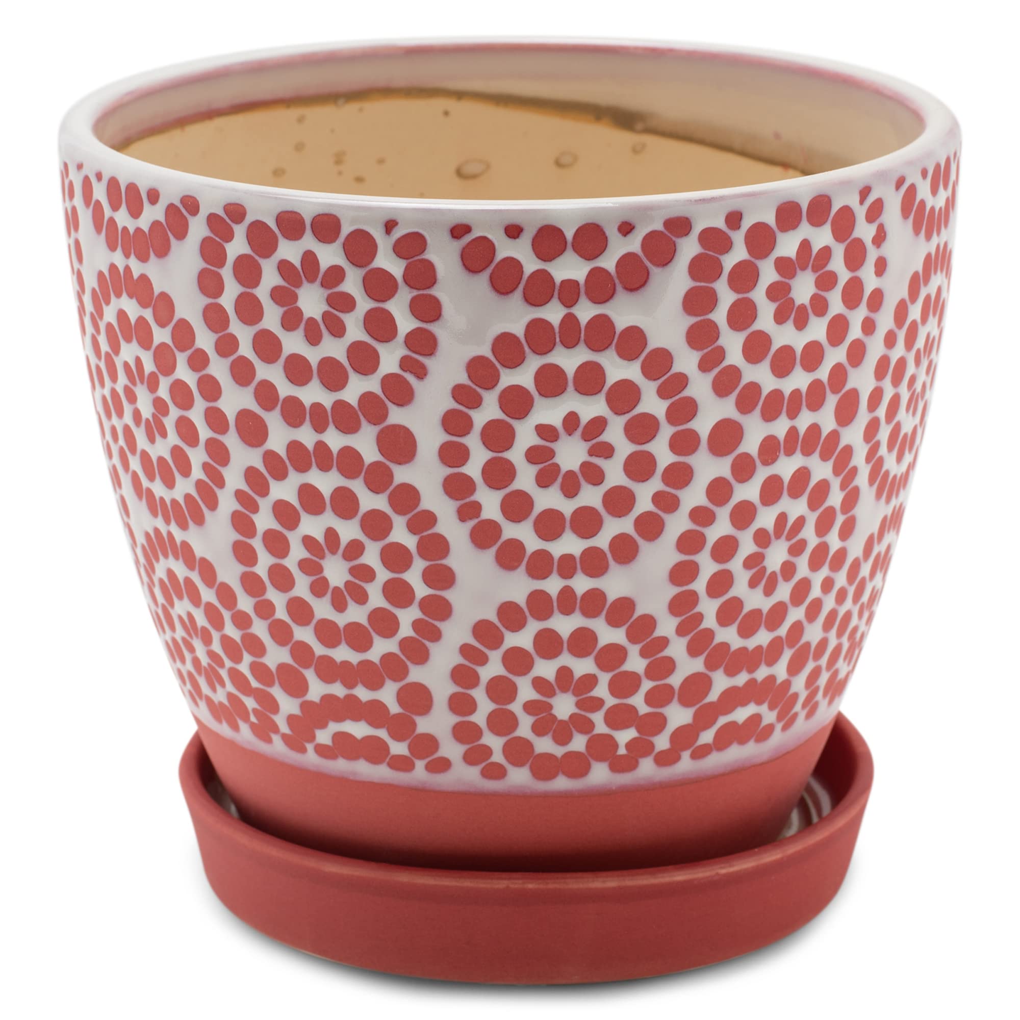 5.5 x 6 Inch Ceramic Flower Pot with Saucer - Dotted Petal Red and White Planter for Indoor Plants, Succulents, and Home Decor | Perfect for Windowsills, Table Centerpieces, and Garden Displays