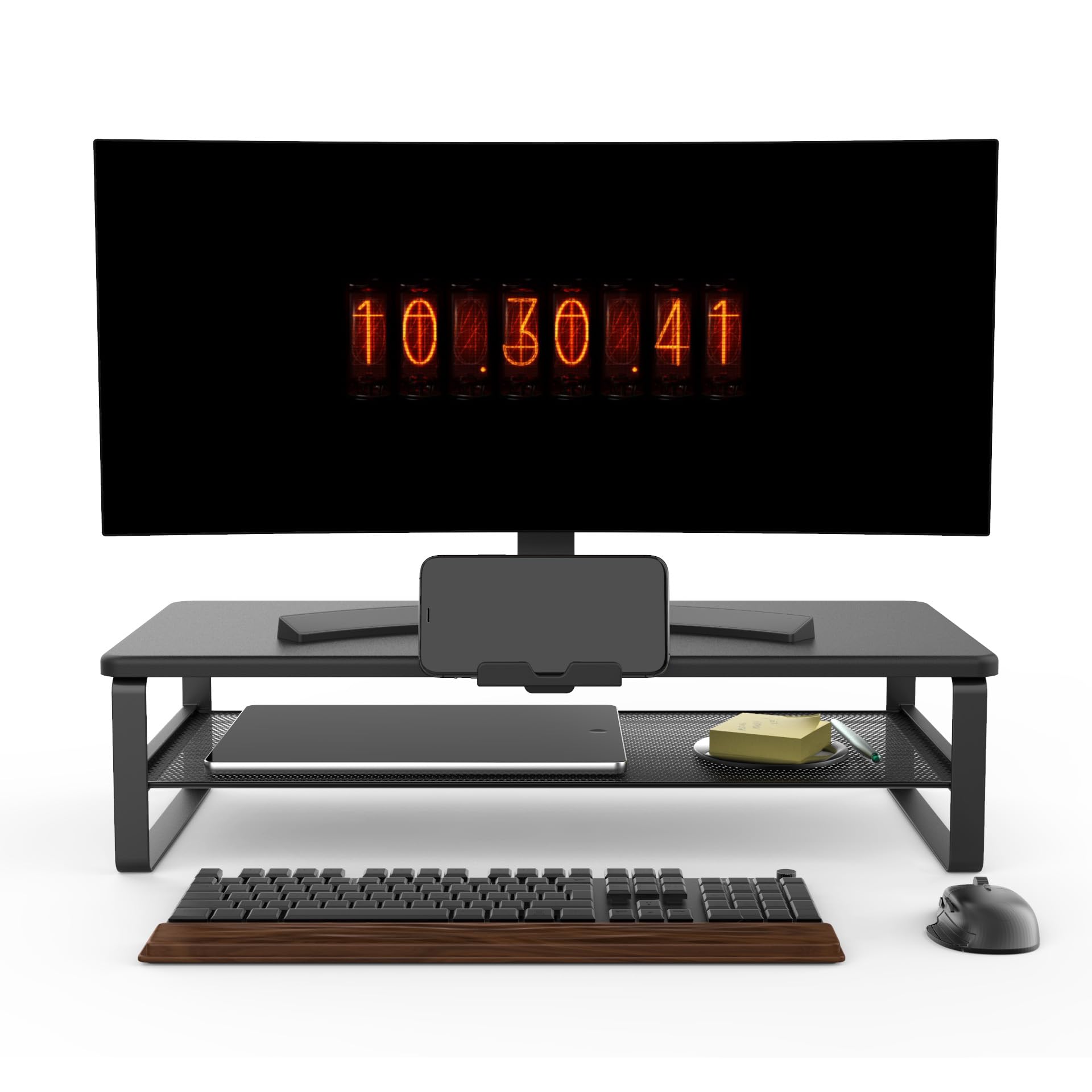 Doowiit 2-Tier Monitor Stand with Drawer, Phone Holder & Cable Management - Adjustable Desk Riser for Computer Monitor, Laptop, Printer | Home Office Organization Solution for Workspace & Gaming Setup (Black)