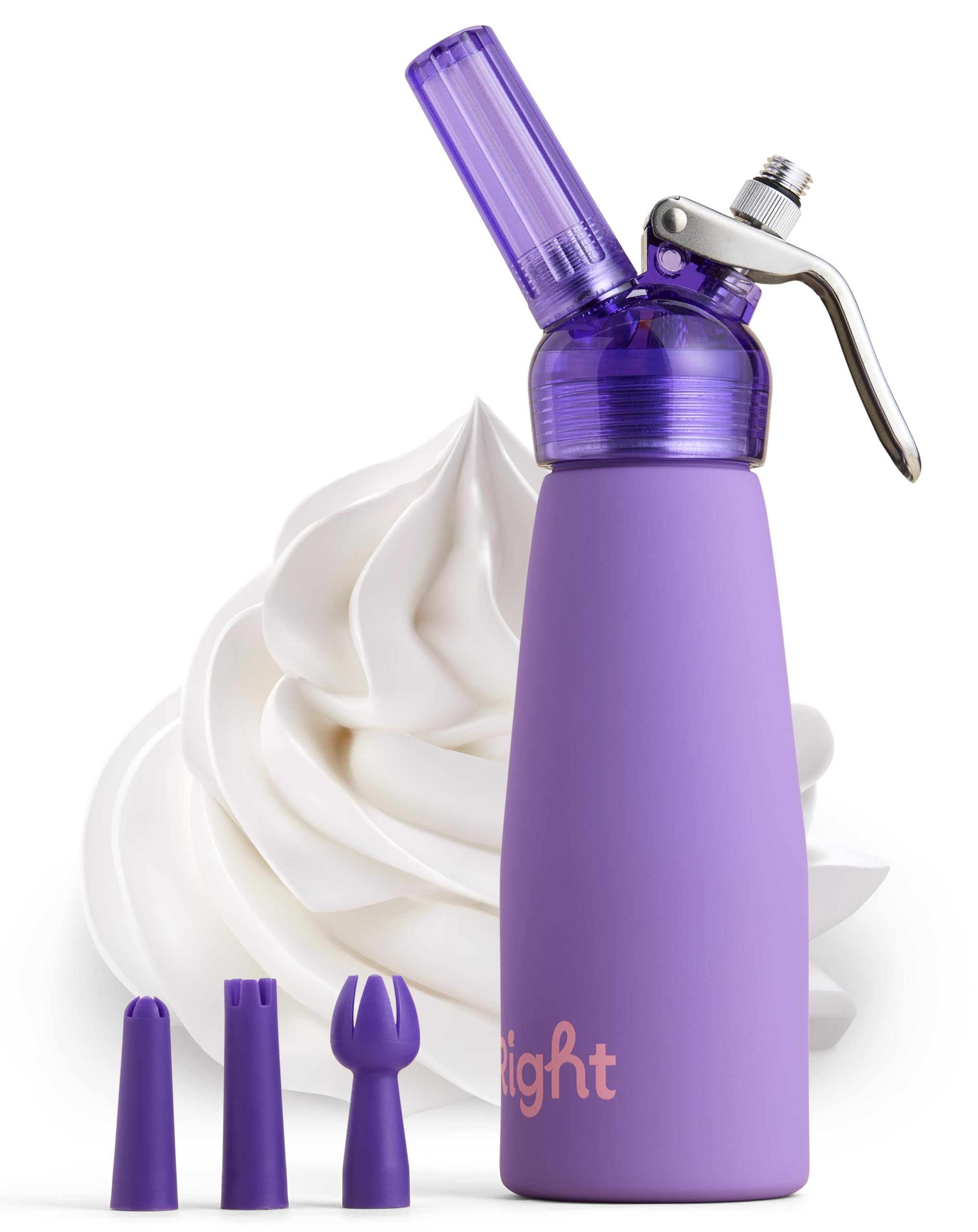 Premium Aluminum Whipped Cream Dispenser with 3 Nozzles & Cleaning Brush | 1 Pint Stainless Steel Cream Charger with Transparent Lid | Easy to Use & Clean Whipping Cream Maker for Cakes, Coffee, Desserts & Cocktails | Perfect for Home Bakeries & Professional Kitchens (Purple)