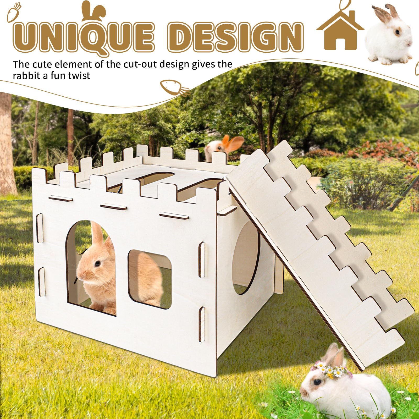 Wooden Rabbit Hideout Castle with Stairs - Indoor Rabbit House for Small Pets Like Guinea Pigs & Chinchillas - Perfect for Playtime, Resting & Cage Enrichment
