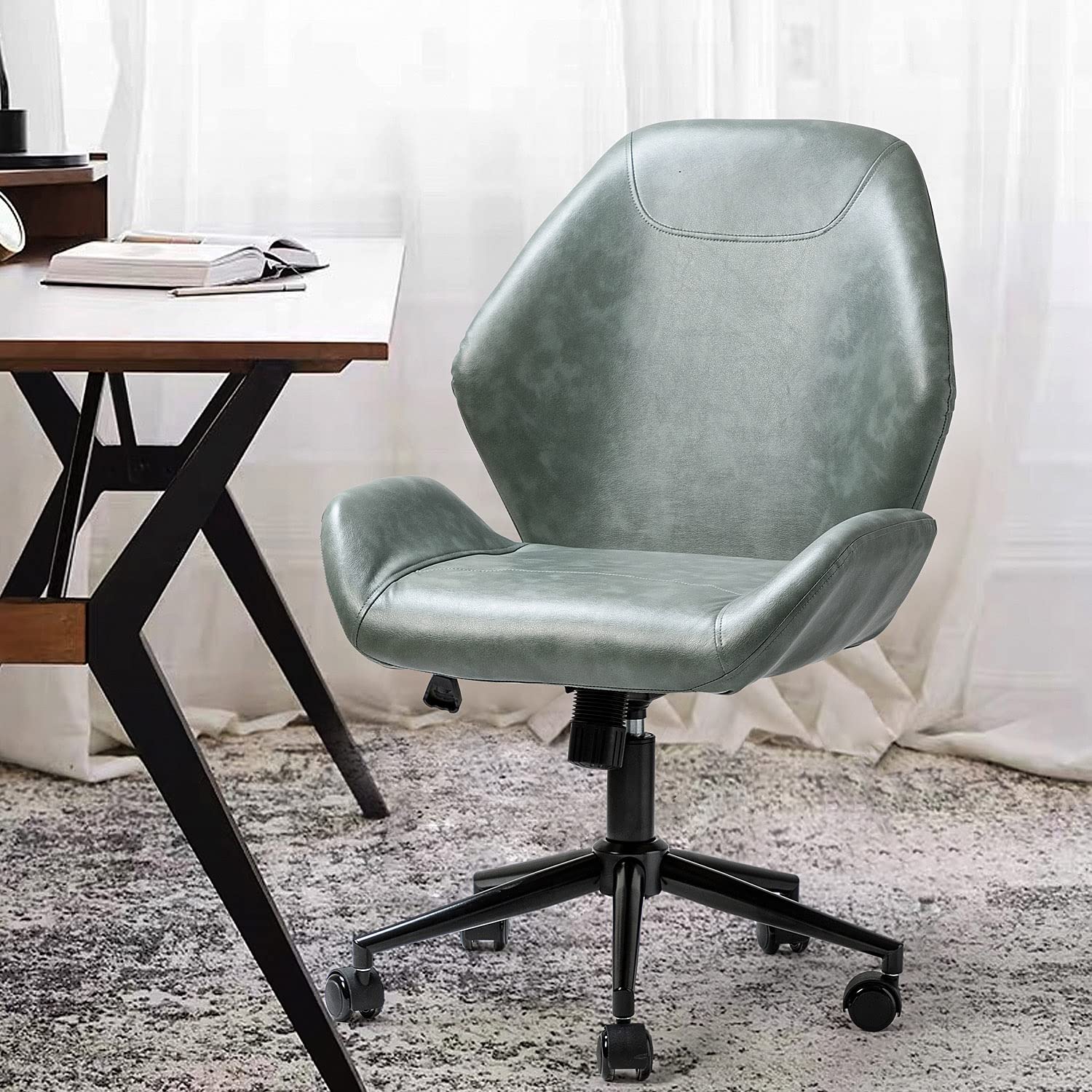 Ergonomic PU Leather Office Chair Armless - Mid Back Swivel Task Chair with 5 Rolling Casters & Height Adjustment for Home Office, Study, or Living Room - Sage Green