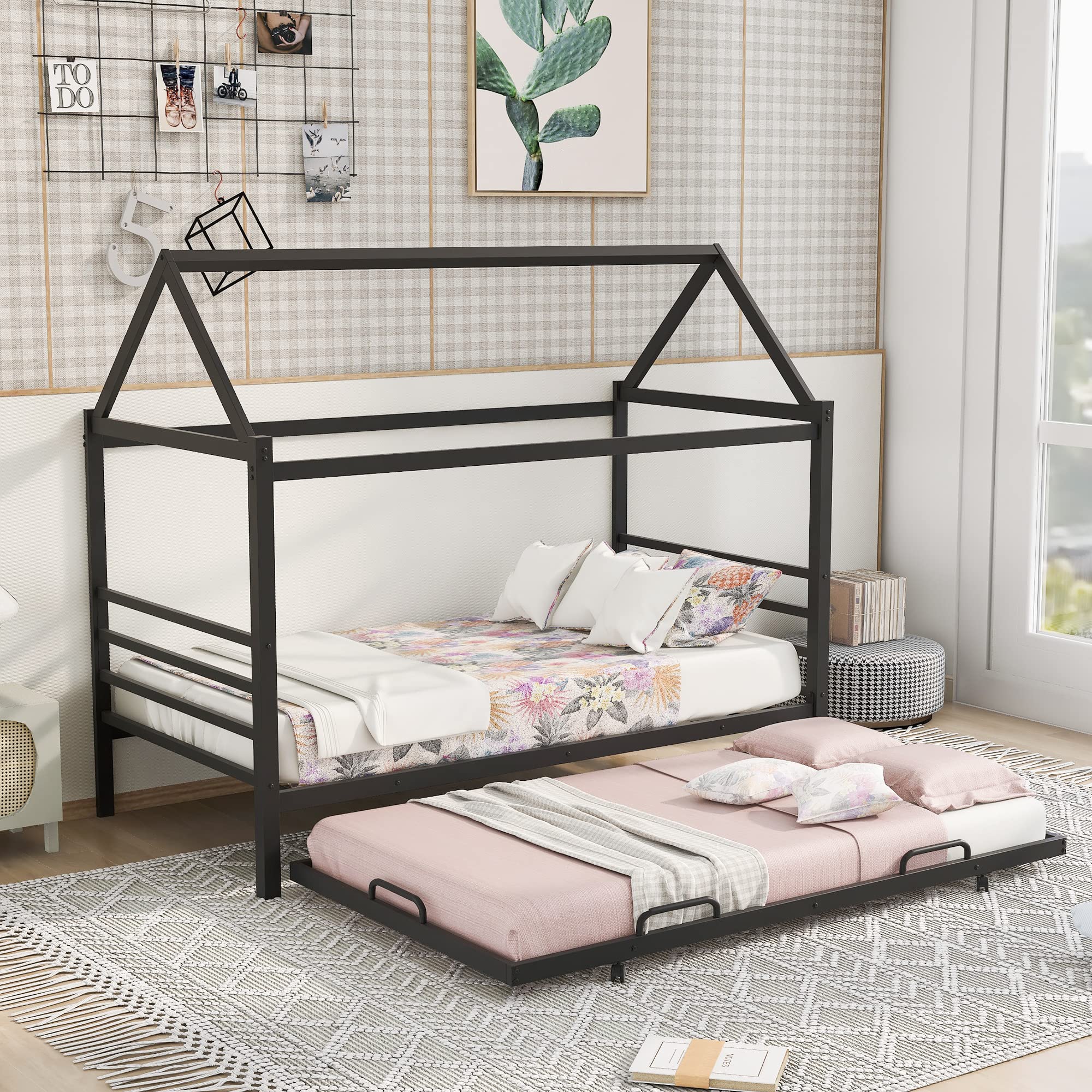 Metal Twin Size House Shaped Bed Frame with Trundle, Headboard & Footboard - Kids Platform Bed for Boys, Girls & Teens (Black) | Perfect for Small Bedrooms, Playrooms & Sleepovers