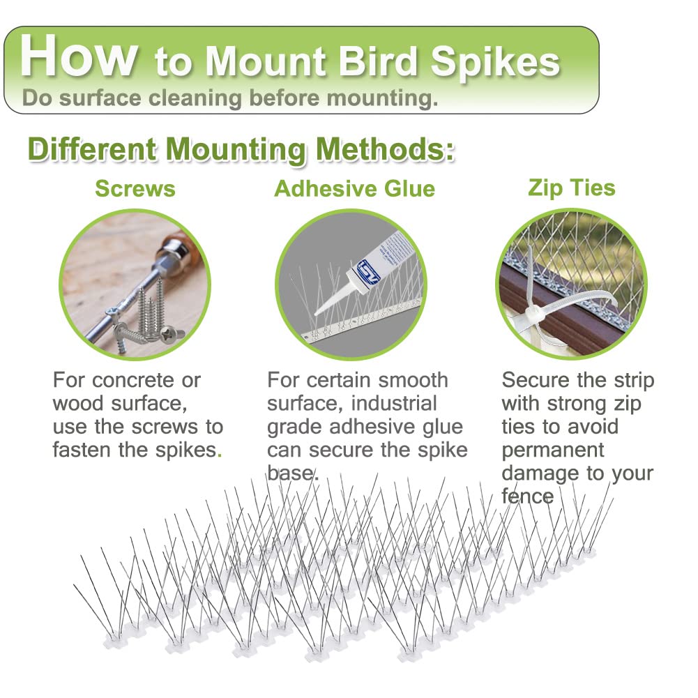 Stainless Steel Bird Spikes for Pigeons & Small Birds - 100ft Coverage, 304 SS Pins with Durable Plastic Base - Outdoor Bird Control for Fences, Roofs, Ledges & Balconies - Prevent Nesting & Protect Property