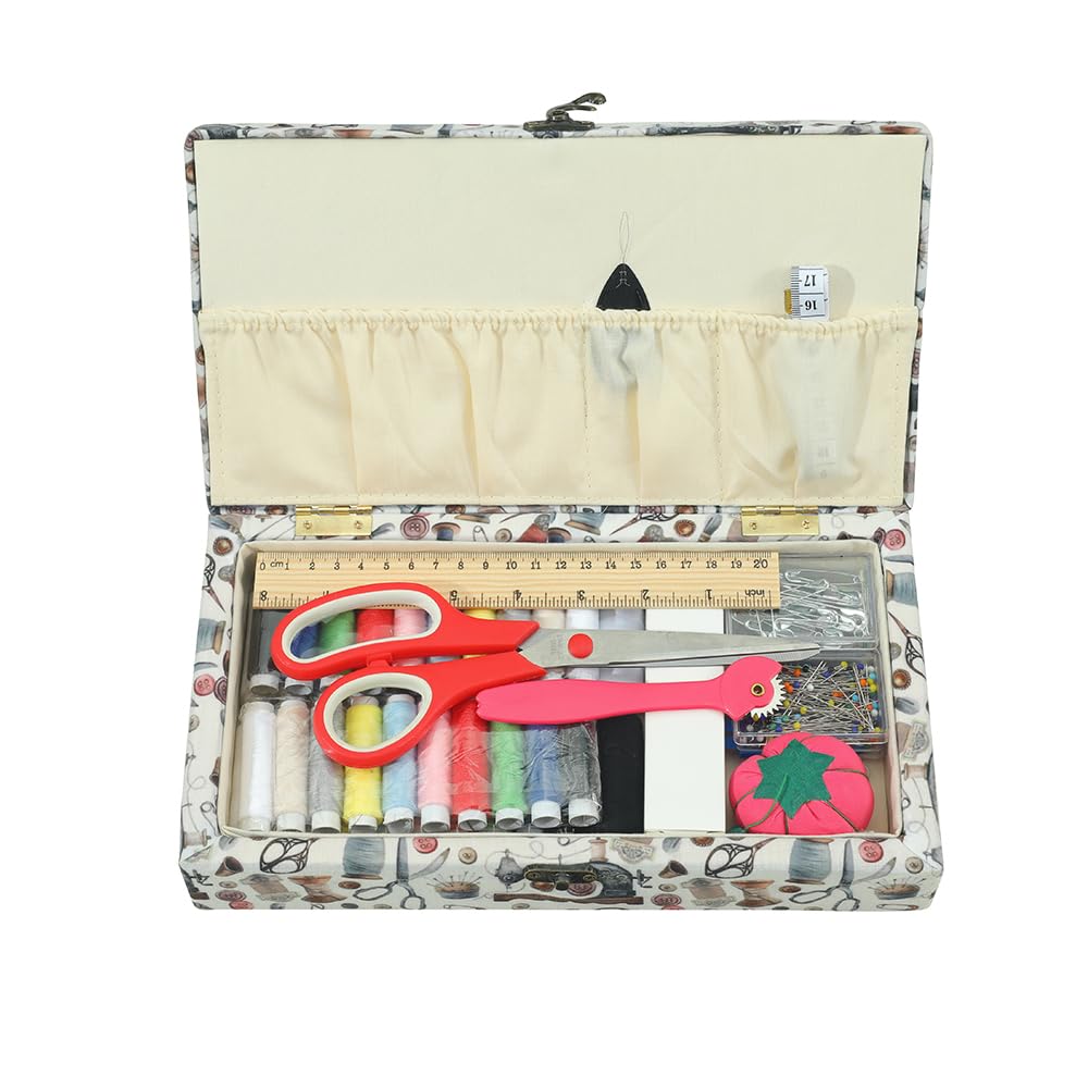 Sewing Kits & DIY Sewing Supplies Organizer with Thread, Needles, Embroidery Floss - Portable Beige Storage Case for Home Crafting, Travel, and Quilting Projects