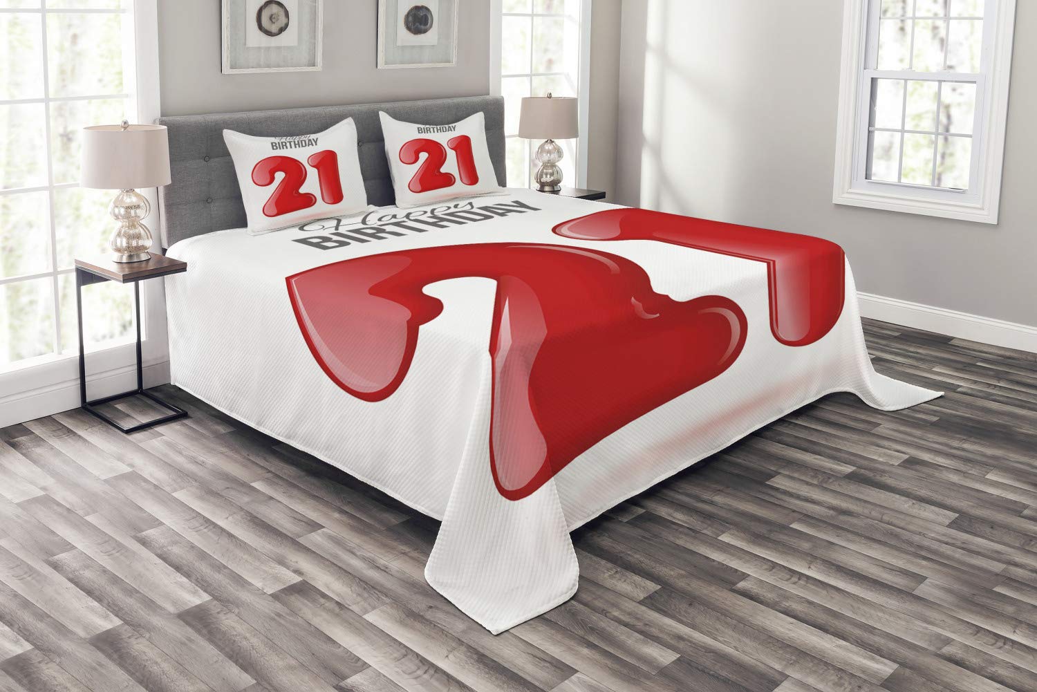 Ambesonne 21st Birthday Bedspread Set - Handwritten Style Happy Birthday Text Teen Party Theme - 3-Piece Decorative Bedding Coverlet with 2 Pillow Shams - Queen Size Charcoal Grey & White - Perfect for Birthday Celebrations, Dorm Room Decor & Gift Ideas
