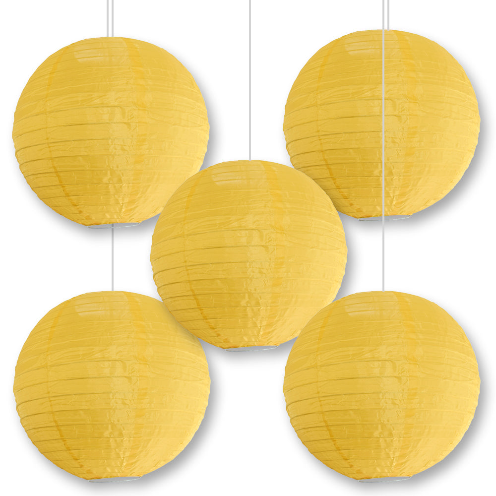 5-Pack Golden Yellow Shimmering Nylon Lanterns - Durable Parallel Ribbing Design for Indoor/Outdoor Hanging Decor - Perfect for Parties, Weddings & Garden Lighting