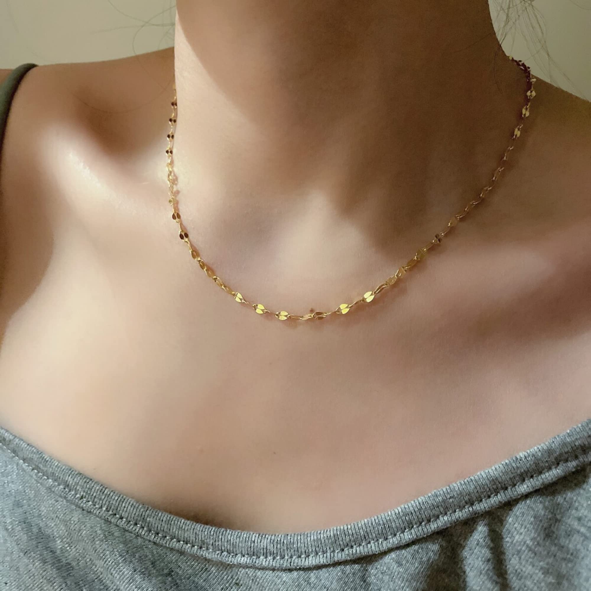 14K Gold Plated Thin Beaded Wave Box Chain Necklace for Women - Dainty Layered Choker, Minimalist Link Chain Jewelry | Perfect for Layering, Everyday Wear & Gift Giving