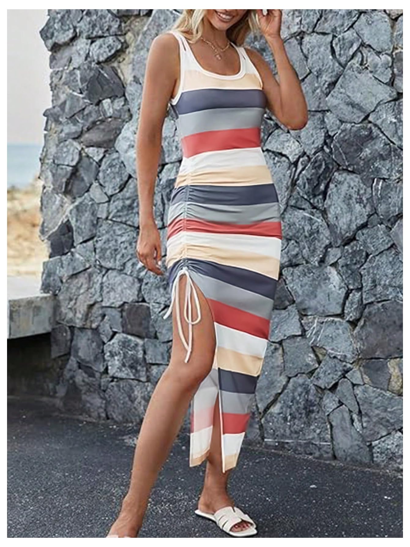 SOLY HUX Women's Color Block Striped Bodycon Tank Dress - Sleeveless Split Drawstring Midi Dress for Summer, Beach, Party & Night Out | Fashionable Slim Fit Stretchy Casual Outfit