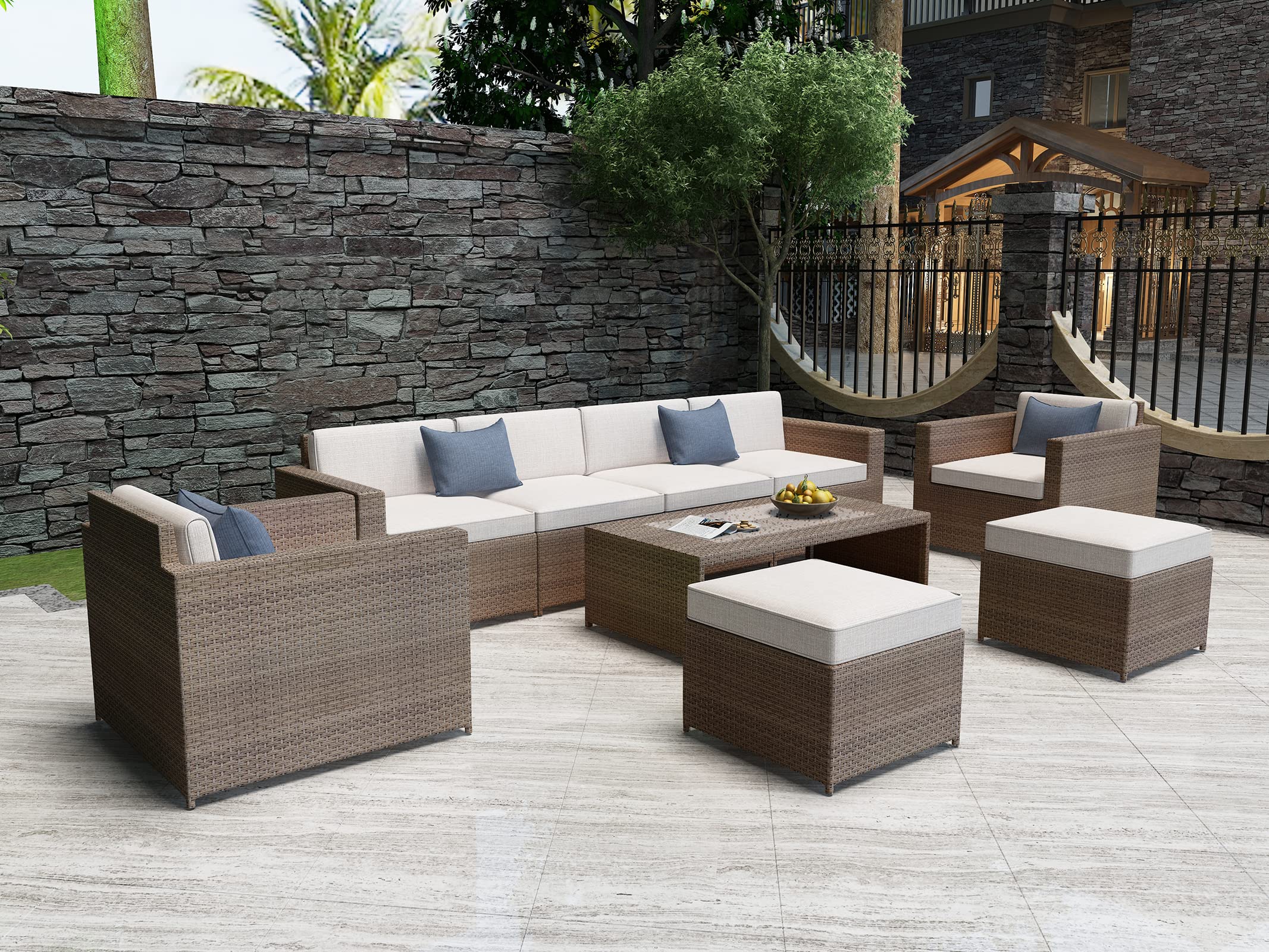 DIMAR GARDEN Outdoor Coffee Table - Wicker Rattan Patio Side Table with Storage & Tempered Glass Top - Modern Luxury Furniture for Garden, Balcony, Poolside - Light Brown