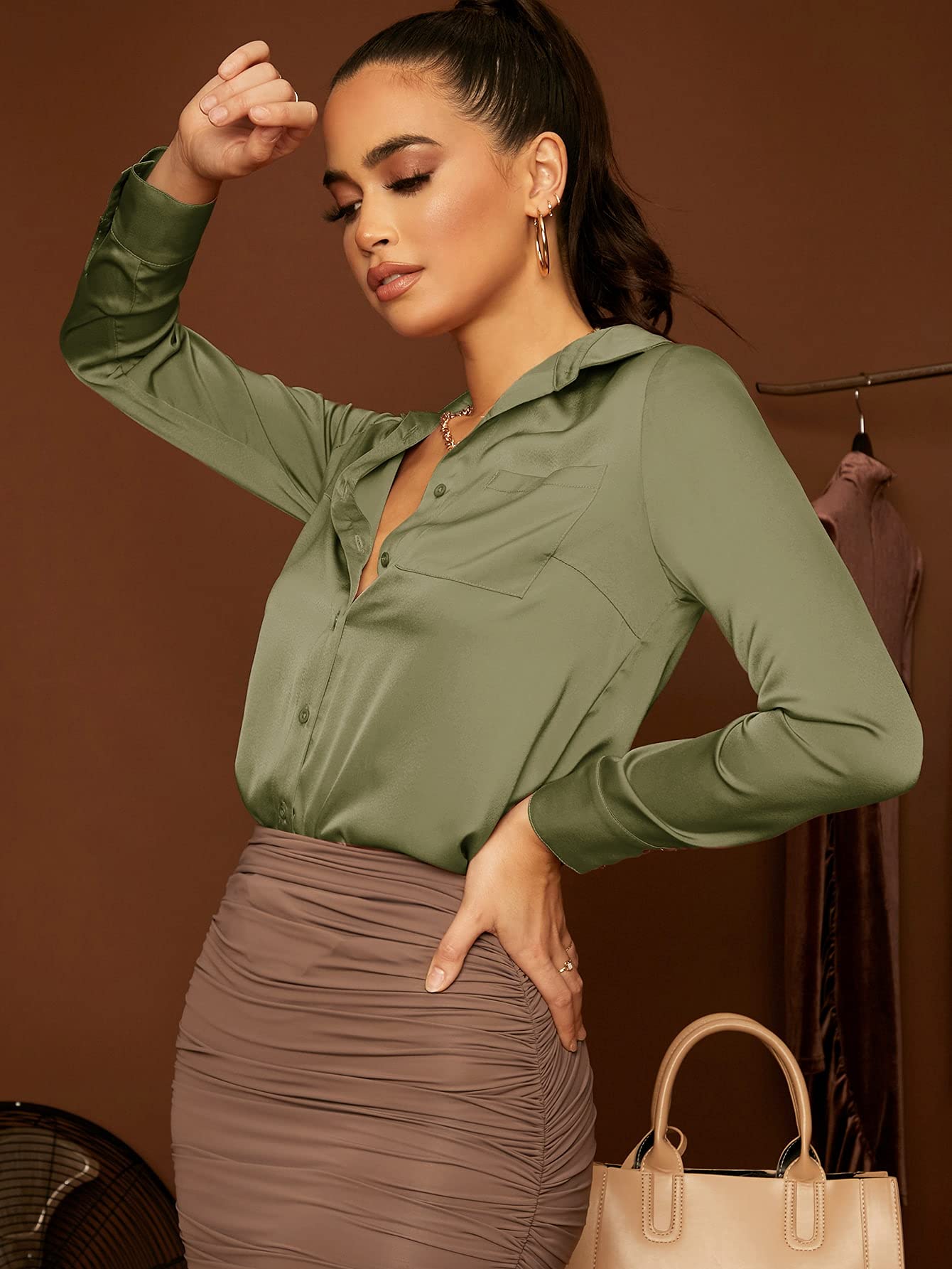 Floerns Women's Satin Long Sleeve Button Up Blouse - Elegant Silky Shirt for Work, Office & Business Casual Wear - Plus Size & Regular Fit Available