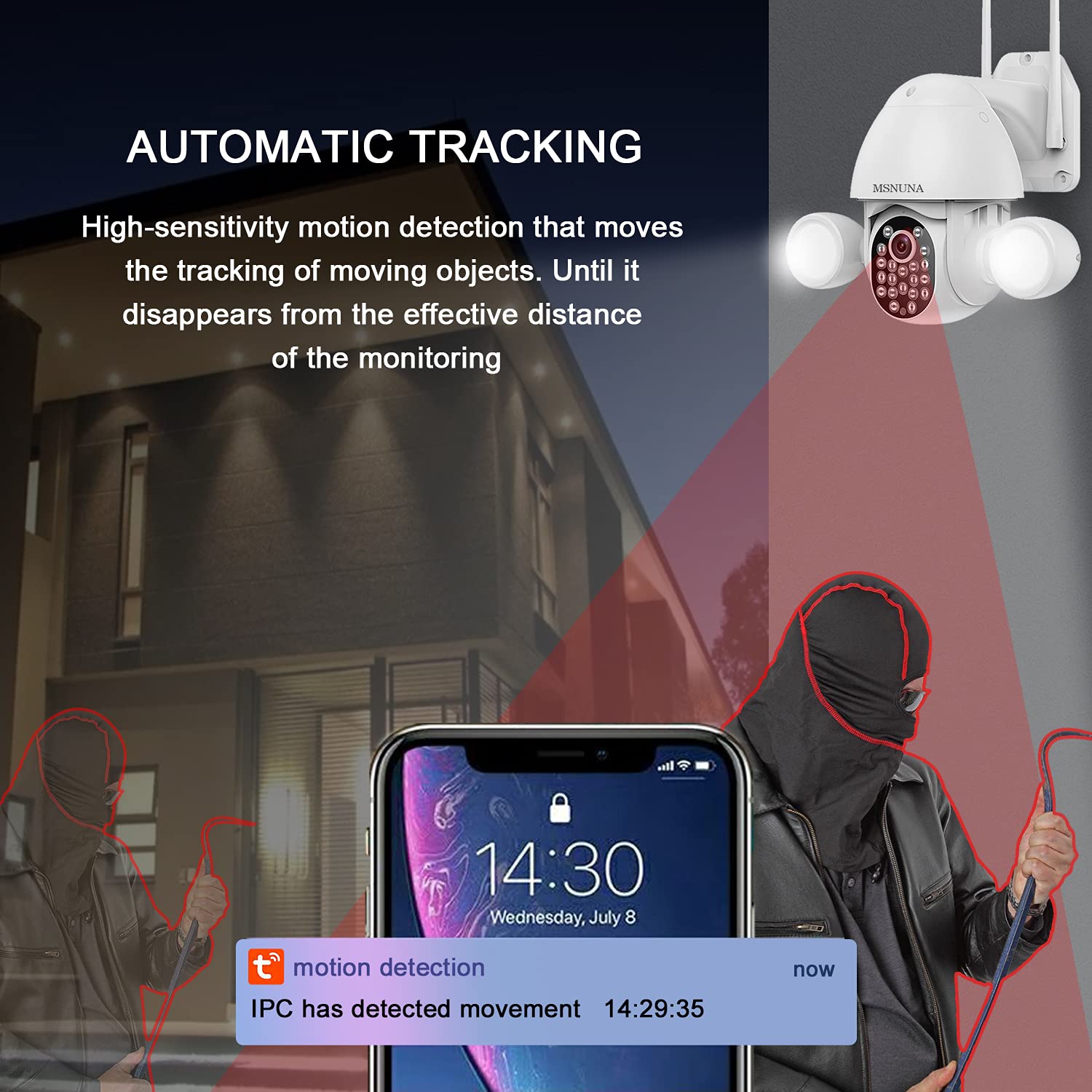 64GB Card Included - MSNUNA 3MP Ultra HD Outdoor Security Camera with Floodlight, 355° Pan Tilt View, Motion Detection, 2.4G WiFi, Color Night Vision, PTZ, Two-Way Audio, Weatherproof - Ideal for Home Security, Backyard Monitoring & Business Protection