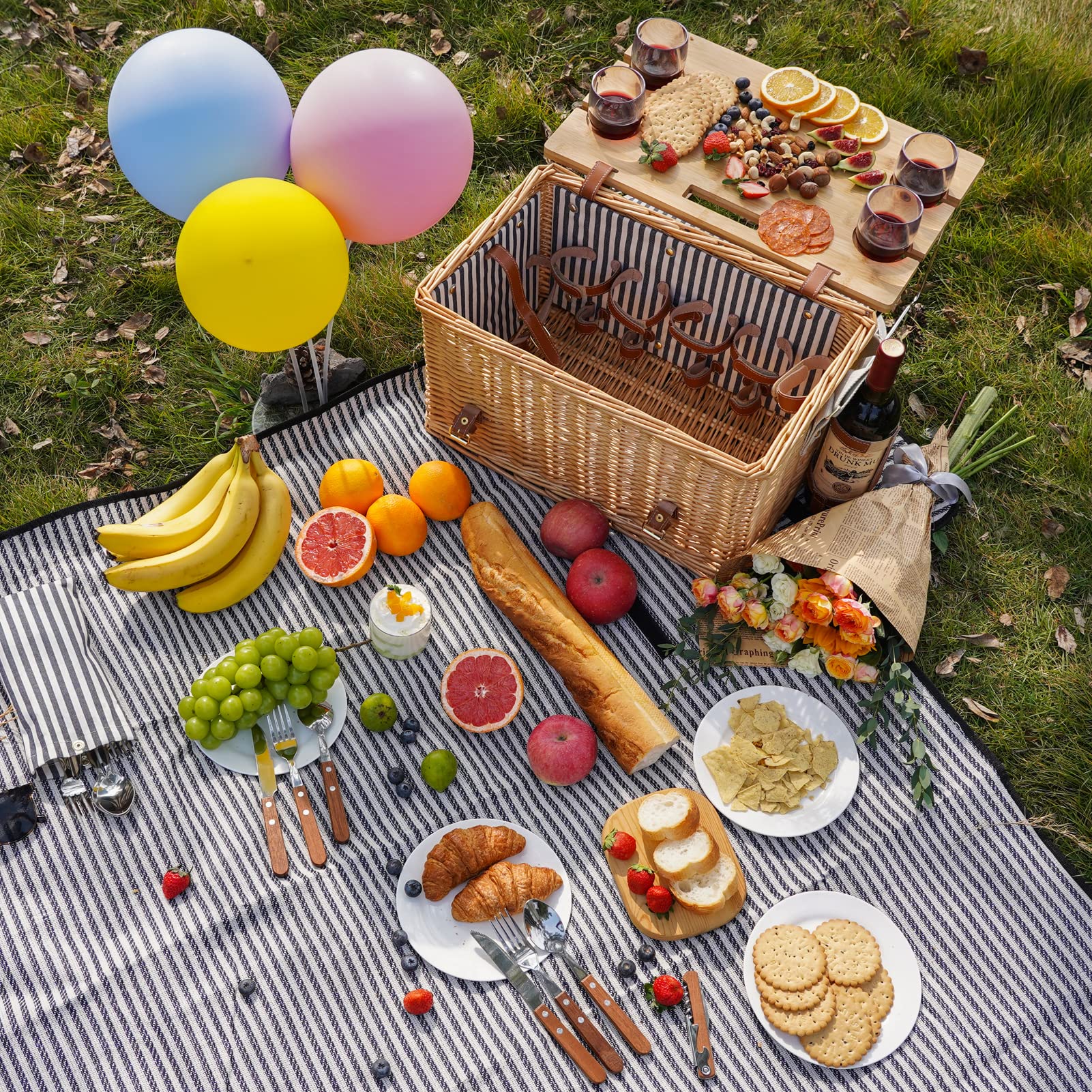 4-Person Wicker Picnic Basket Set with Blanket & Bamboo Wine Table - Portable Willow Hamper for Camping, Beach, Outdoor Parties & Romantic Dates - Perfect Picnic Gift for Couples & Families