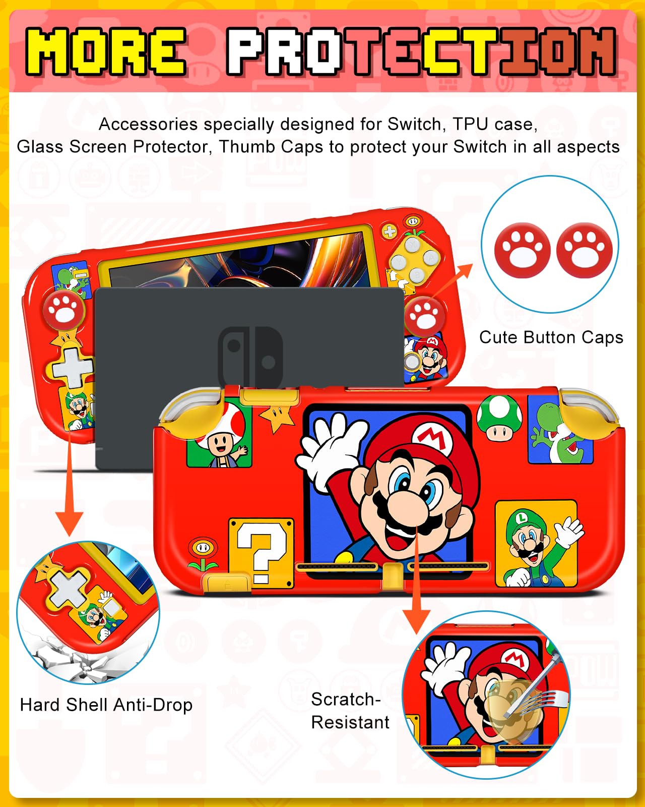 Xinocy 7-in-1 Nintendo Switch Lite Accessories Kit - Travel Carrying Case, Protective Cover, Game Holder, Strap, Stickers & Thumb Caps - Cute Shell Design for Kids & Girls (Red) - Perfect for Gaming On-The-Go & Travel Protection