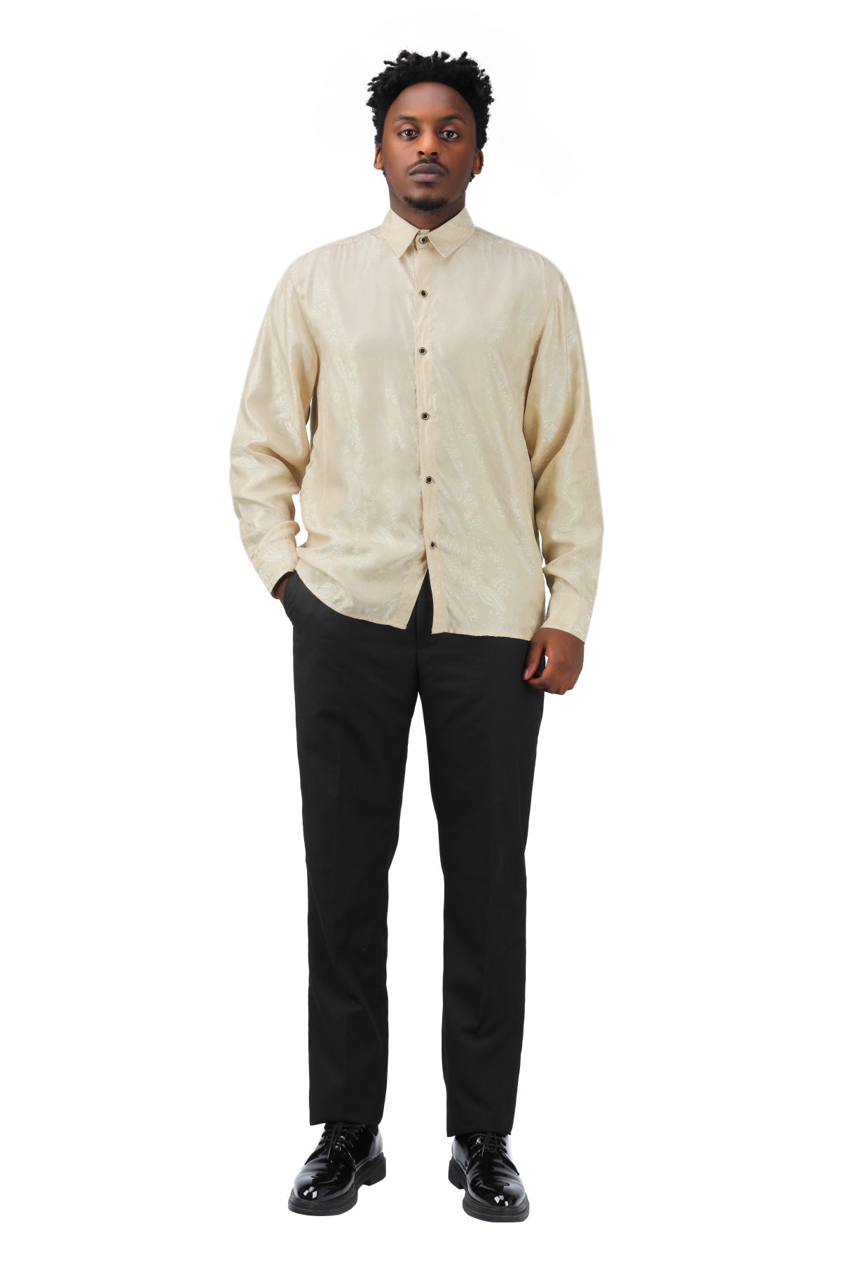 Slim Fit Embroidered Beige Paisley Shirt for Men - Casual Button Down Long Sleeve Dress Shirt for Office, Date Night & Special Occasions