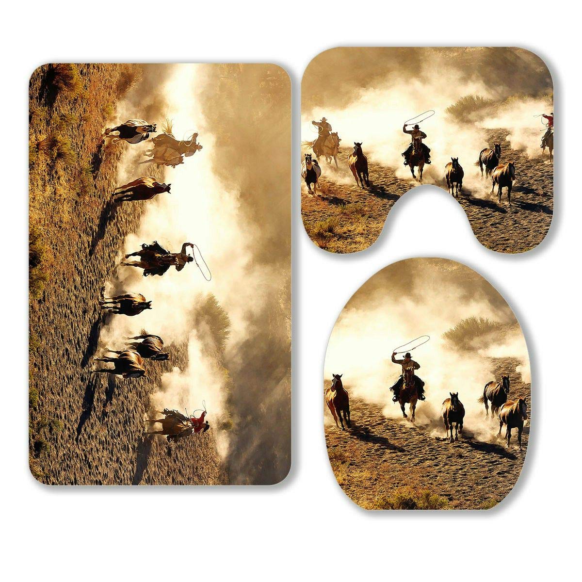ECZJNT Cowboys Chasing Wild Horses Western Theme 3-Piece Bathroom Rug Set - Non-Slip Bath Mat, Contour Mat & Toilet Lid Cover for Ranch Style Home Decor | Perfect for Western Themed Bathrooms, Guest Baths & Cowboy Lovers