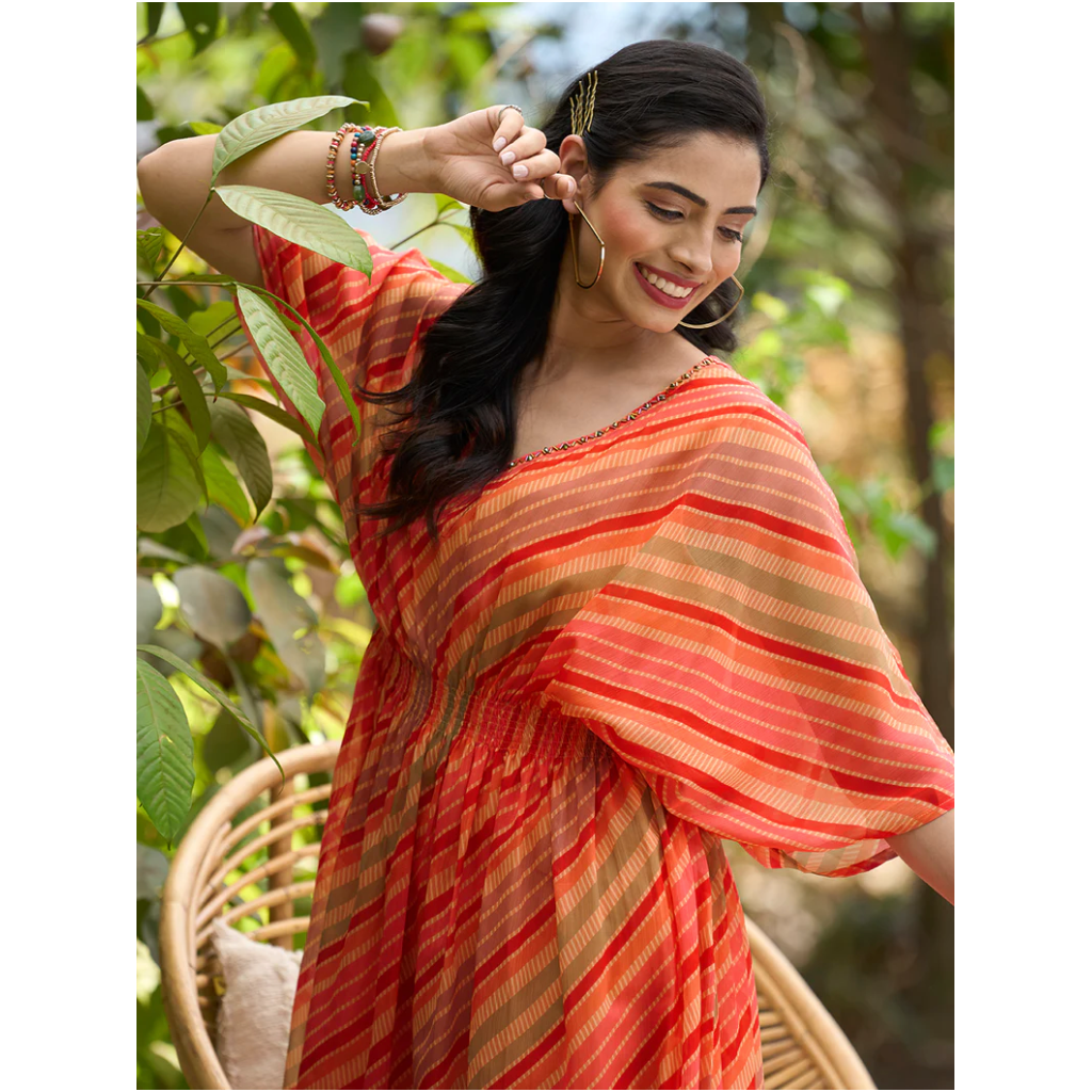 Stylish Orange Kimono Sleeve Kaftan Dress for Women - Boho Chic Beach Cover Up & Summer Evening Wear