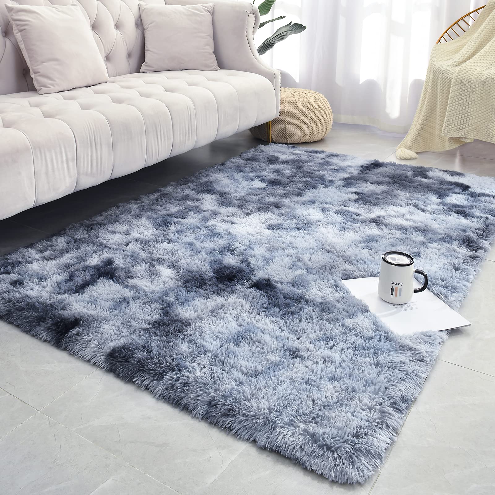 Soft Fluffy Shaggy Area Rug - Non-Slip Tie-Dyed Blue Fuzzy Carpet for Bedroom, Living Room, Kids Room & Nursery (4x6 Feet) | Cozy Home Decor for Dorm, Bedside & Play Areas