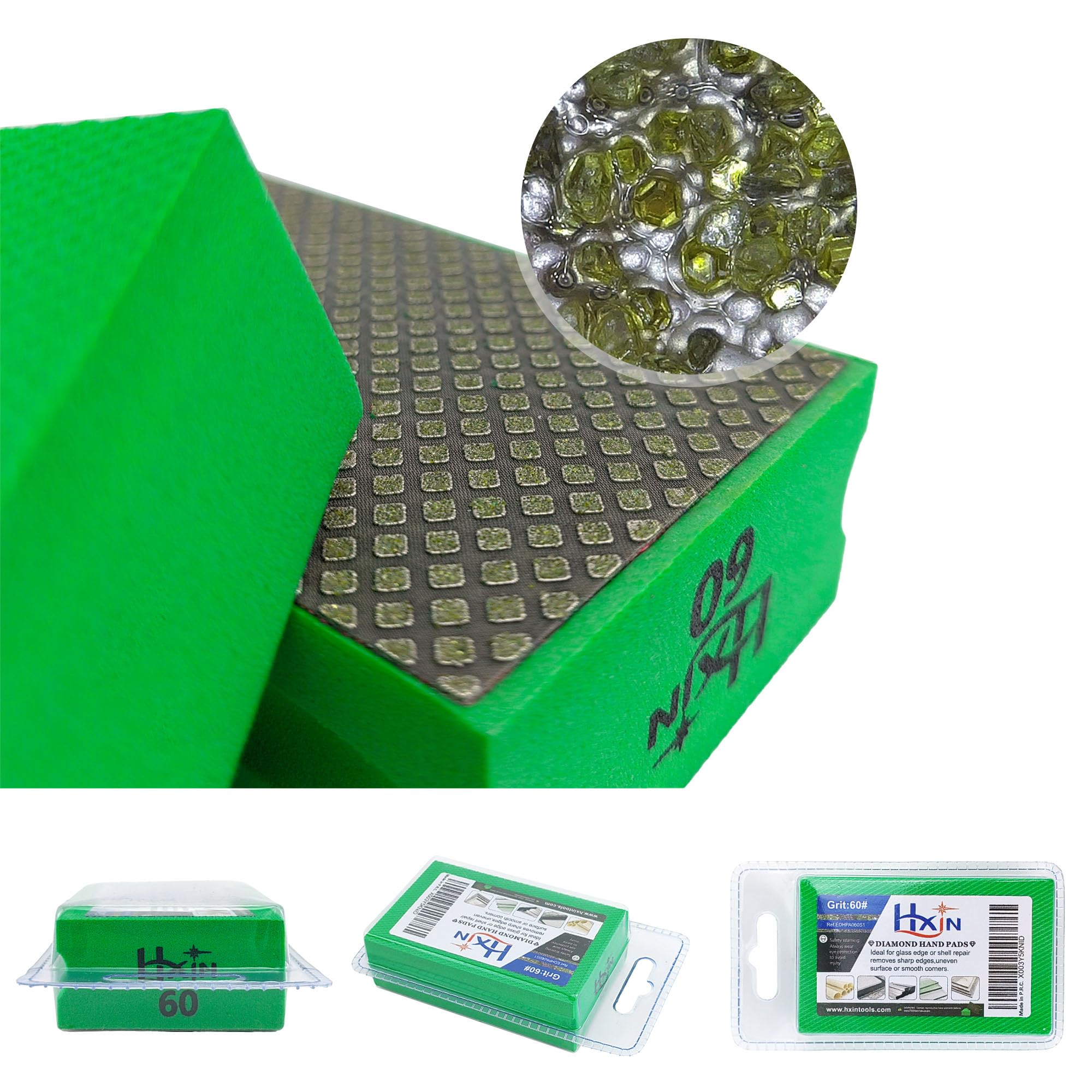 Diamond Hand Polishing Pad - 60# Square Diamond Sanding Block with Foam Backing for Wet/Dry Grinding - Perfect for Granite, Marble, Stone, Tile, Glass & Ceramic - Ideal for Countertop Refinishing, DIY Home Renovation & Professional Stone Restoration Projects