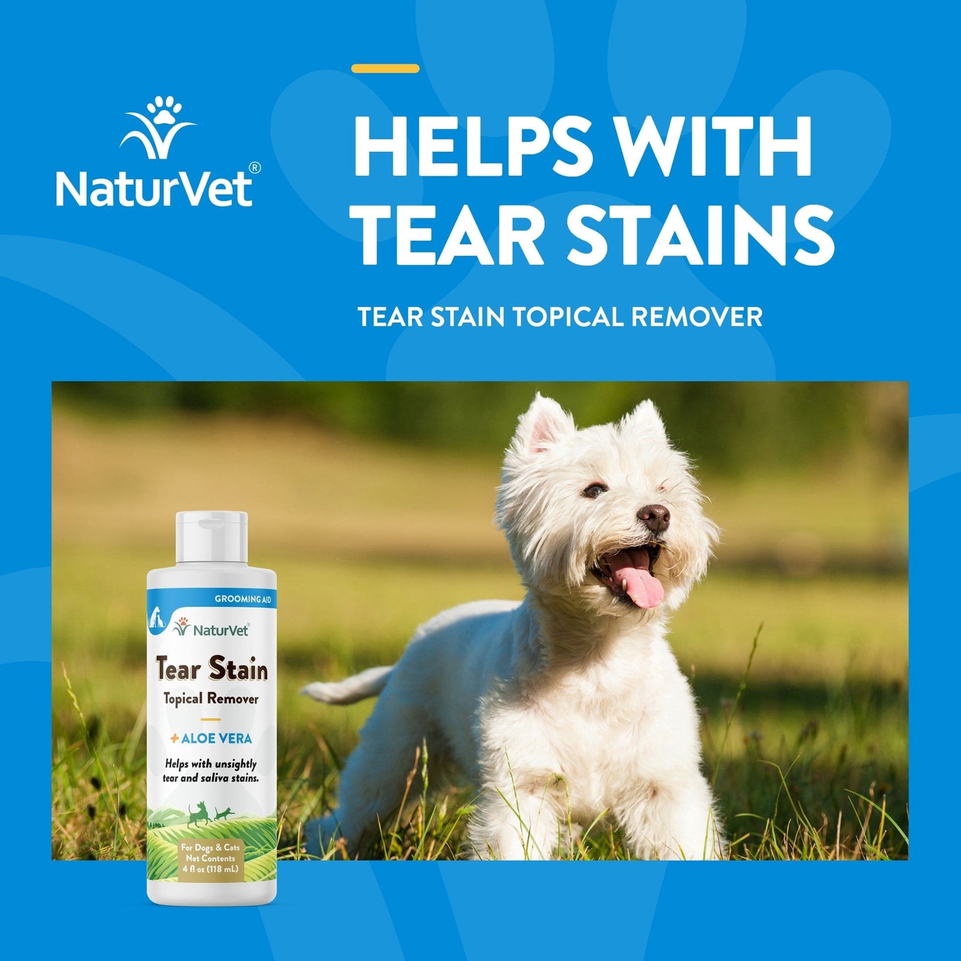 NaturVet Aloe Vera Tear Stain Remover for Dogs & Cats - Gentle Eye Cleaning Solution for Pet Grooming & Daily Care