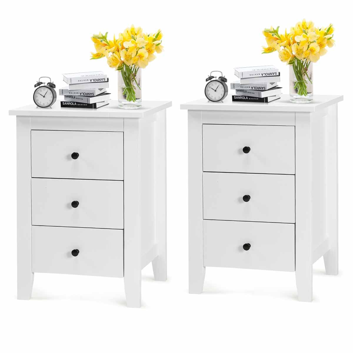 Safeplus 3-Drawer Nightstand - Solid Wood Side Table with Storage for Bedroom, Living Room & Office - White Finish, Compact & Stylish Accent Table for Small Spaces