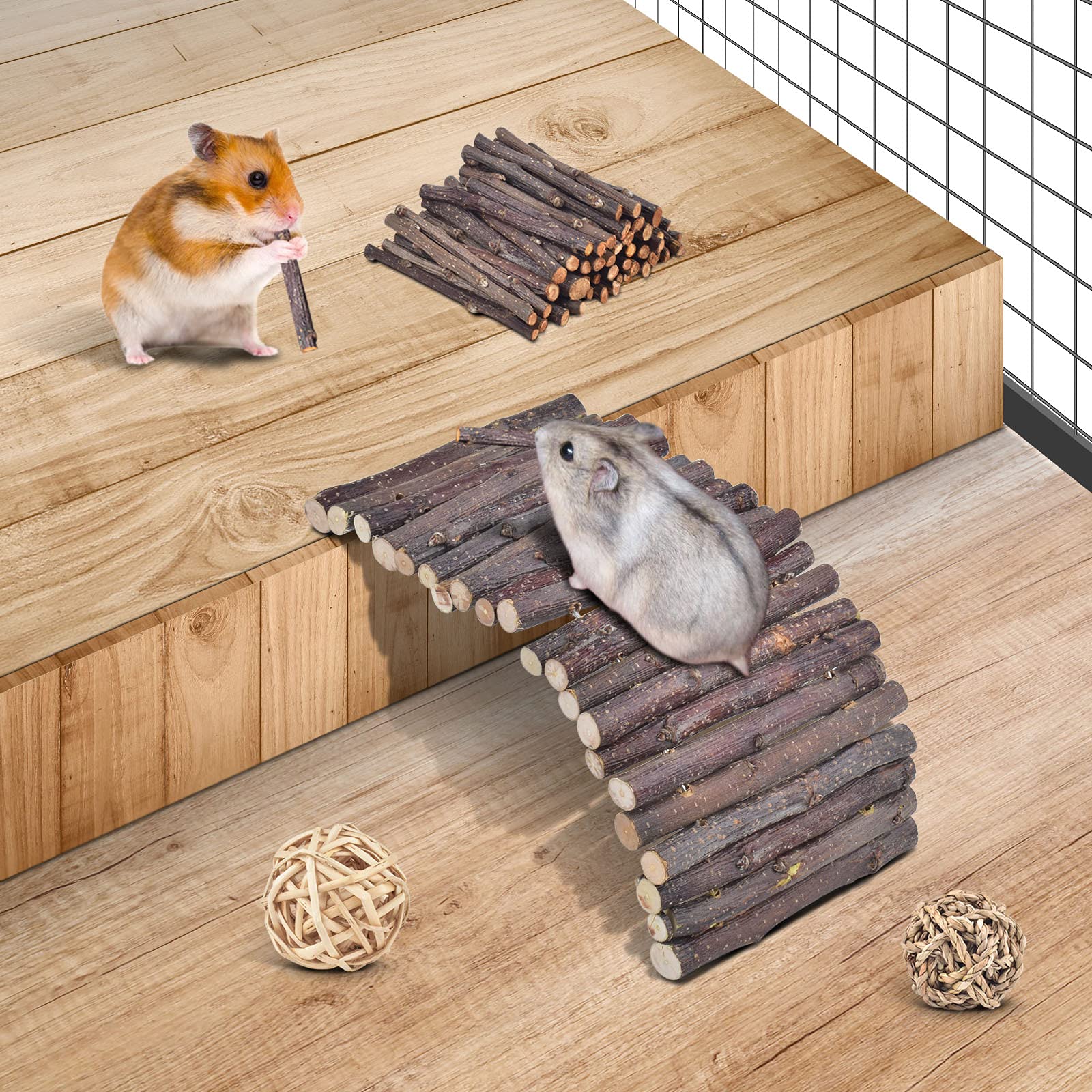 ERKOON 11 Pack Natural Apple Wood Chew Toys for Chinchillas, Hamsters, Gerbils, Rats & Guinea Pigs - Teeth Care Accessories with Ladder, Bell & Roller - Perfect for Cage Enrichment & Small Pet Dental Health