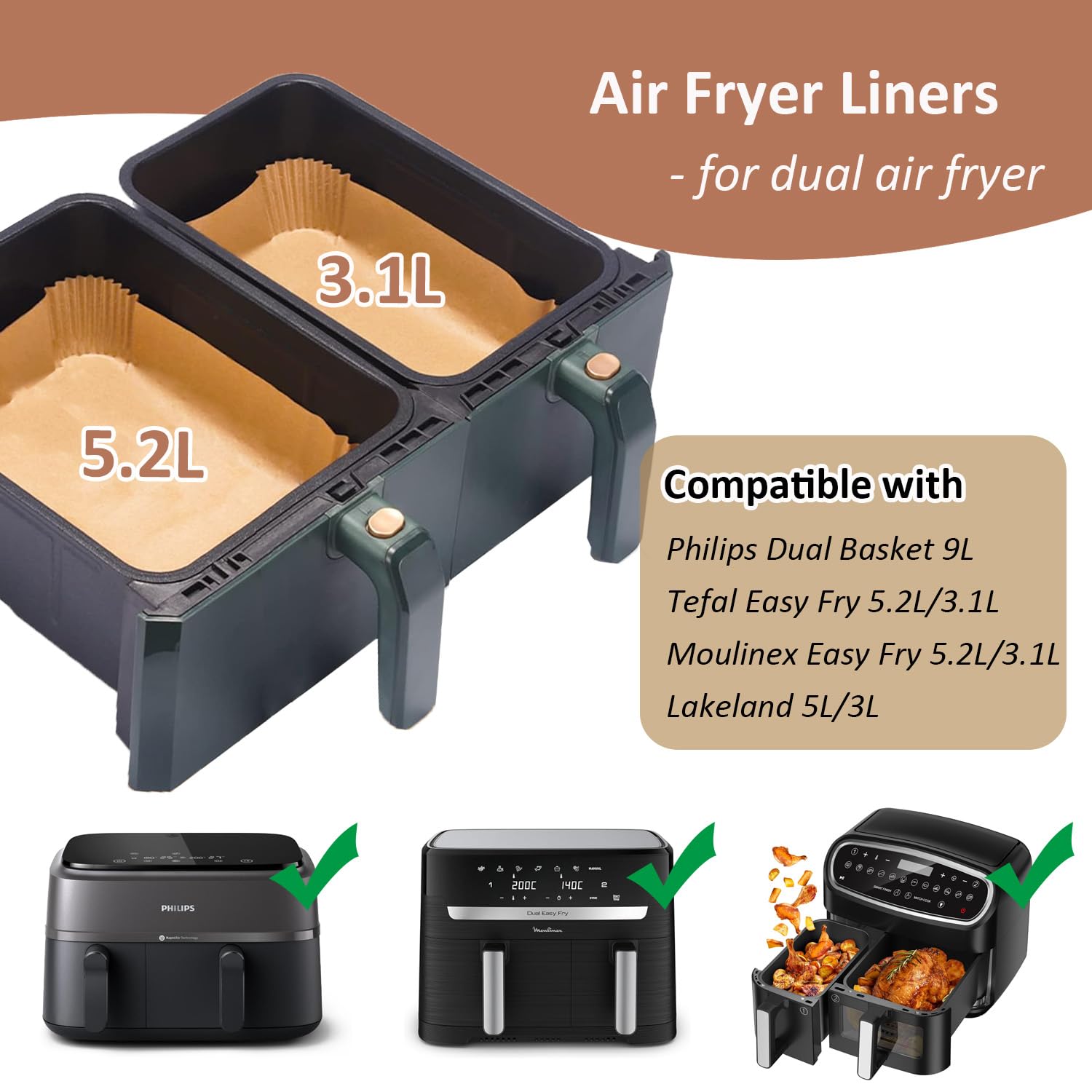 Non-Stick Parchment Paper for Air Fryer - 100pcs (50+50) Compatible with Moulinex EZ901820 5.2/3.1L, Philips Airfryer 3000 Series & Lakeland Tower Salter - Perfect for Baking, Roasting and Air Frying Healthy Meals