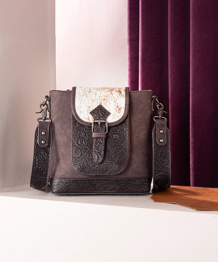 Trinity Ranch Genuine Hair-on Cowhide Tooled Leather Crossbody Purse for Women - Western Style Handbag for Rodeo, Country Music Festivals & Everyday Use